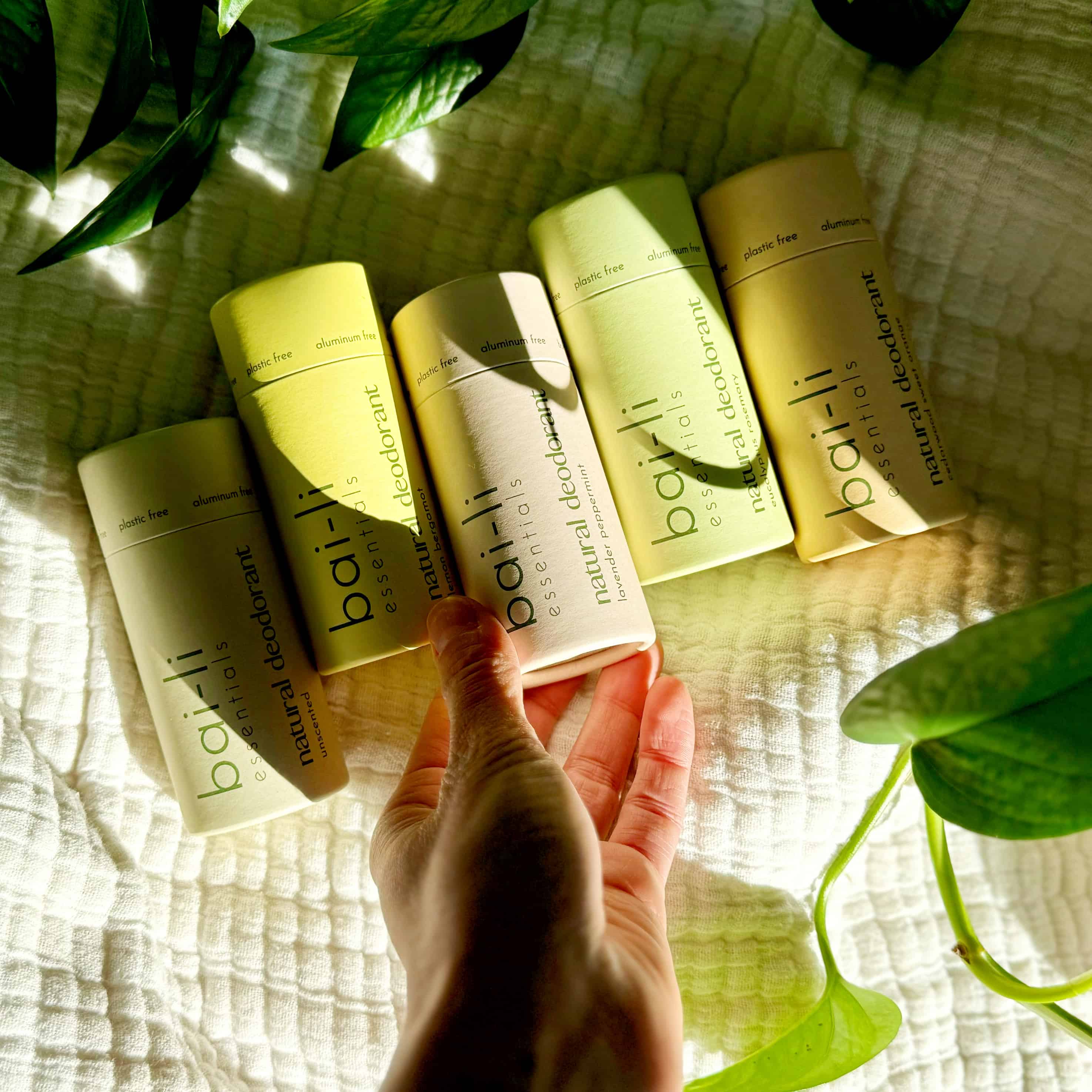 Top-down view of four plastic-free deodorant tubes laid out on a light surface with soft sunshade and green plants nearby. A hand is holding the Unscented variant.