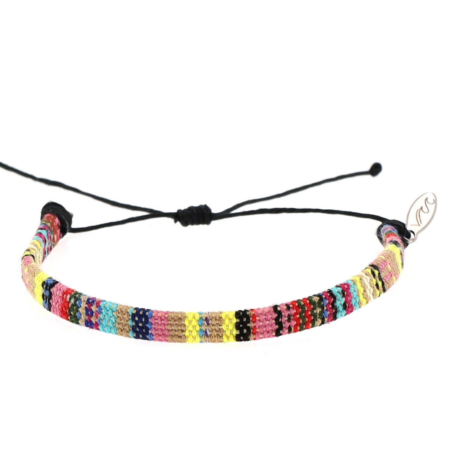 Pastel-colored woven bracelet in soft shades of pink, blue, and cream. Features an adjustable cotton-blend cord and stainless steel charm. Handmade in Bali to support sustainable waterway cleanup.
