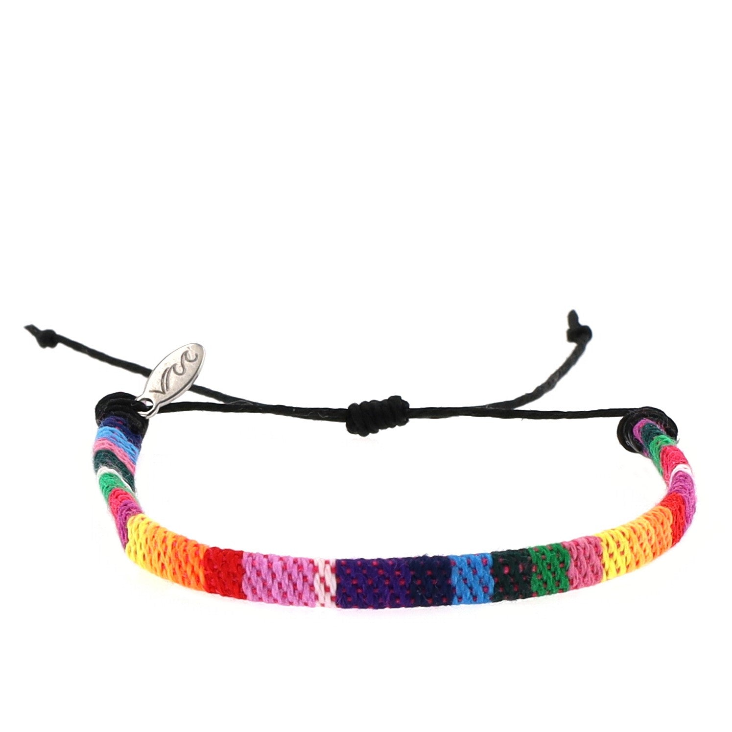 Multicolor woven bracelet in rainbow hues with an adjustable fit and stainless steel charm. Handmade in Bali using an eco-friendly cotton blend that supports waterway cleanup.