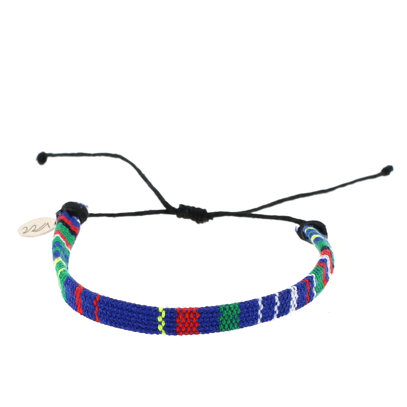 Blue woven bracelet with adjustable cotton-blend cord and recycled stainless steel charm. Durable and water-friendly, handmade in Bali with proceeds supporting ocean conservation.
