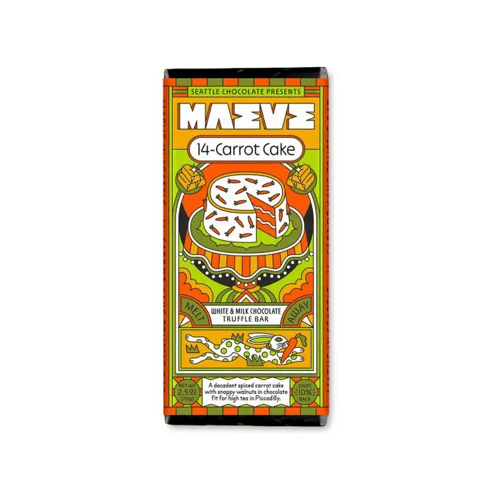 Maeve “14-Carrot Cake” truffle bar shown on a clean white background, featuring colorful packaging inspired by the sweet, warmly spiced dessert.
