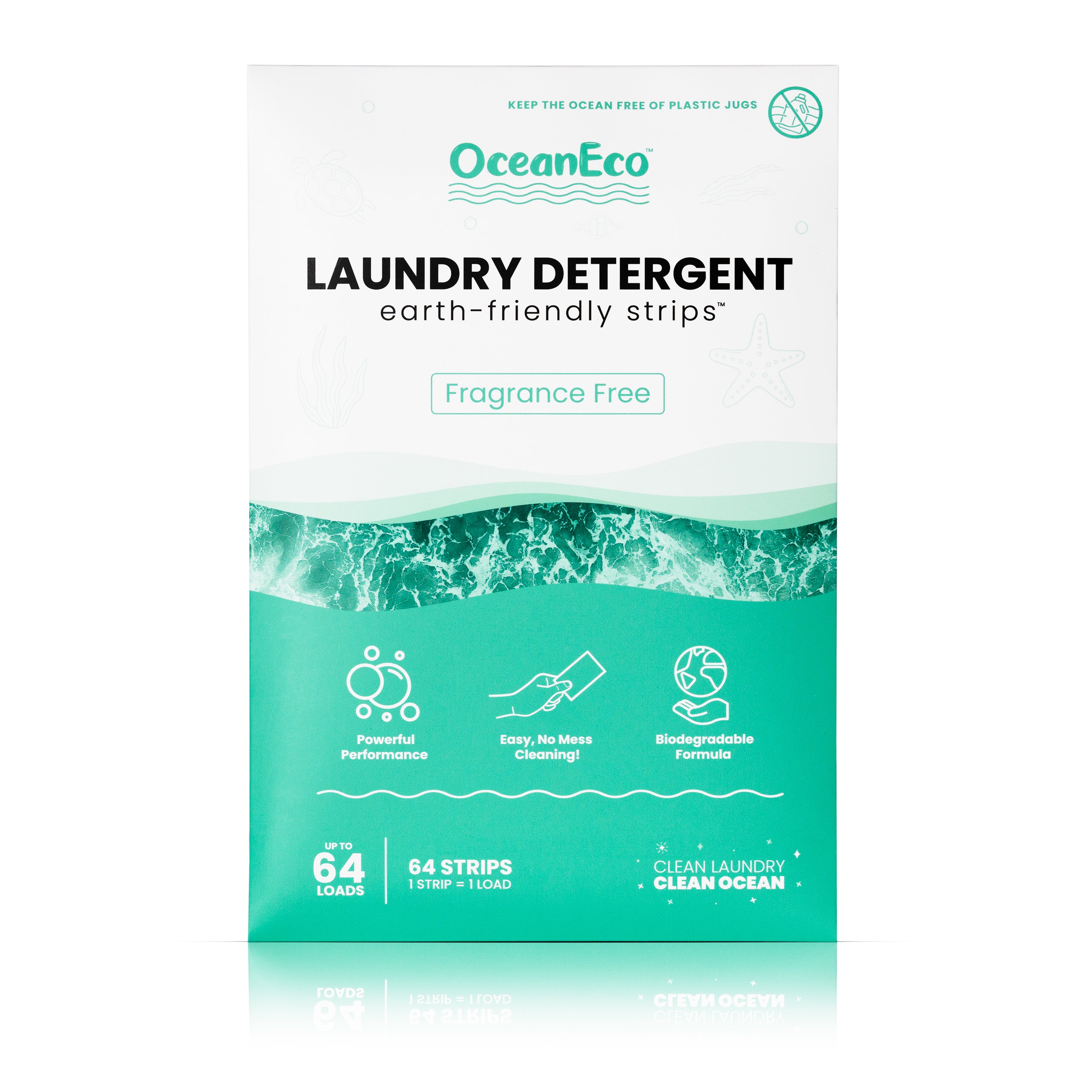 Pack of fragance free OceanEco Laundry Detergent Strips with green ocean wave graphics and an eco-badge highlighting 64 loads, sitting on a white background.