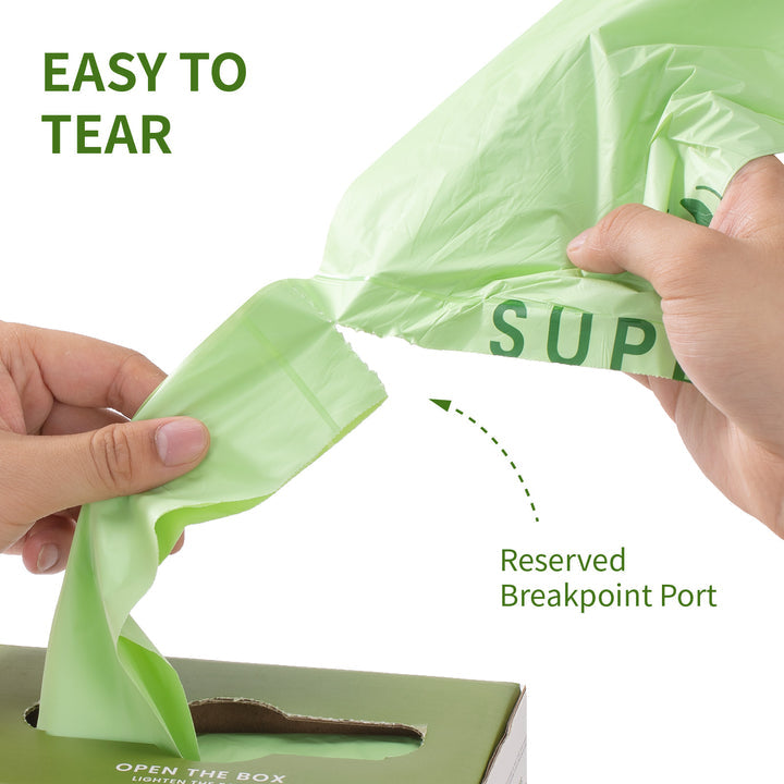Two hands tear a pale green "Superbio" bag from the box. A green text box on the left reads "EASY TO TEAR". The text "Reserved Breakpoint Port" is on the right.