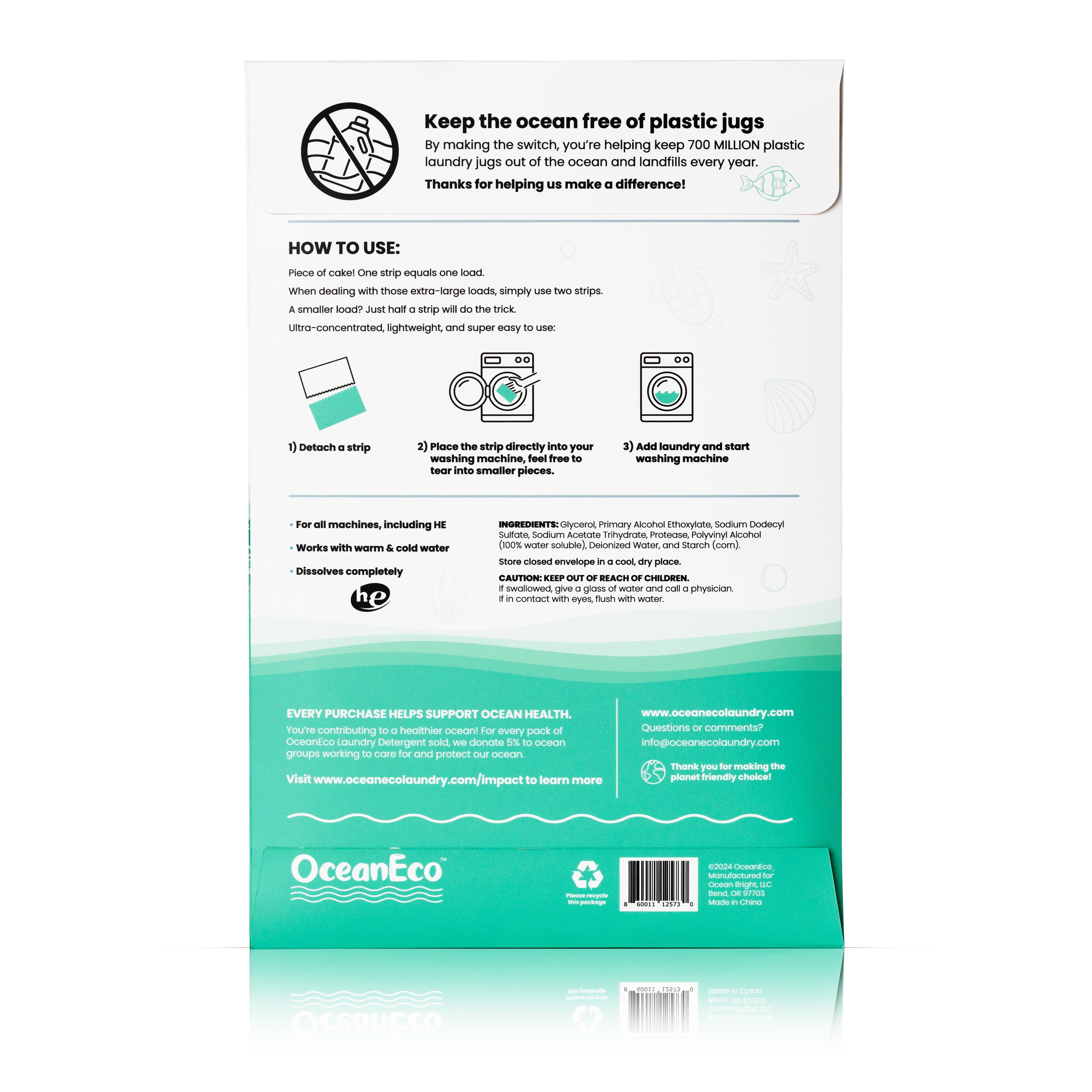 White rectangular package of the fragance free laundry strips  shown from the back, featuring clear black text with detailed product information, instructions for use, ingredients list, and eco-friendly certifications on a clean white background.