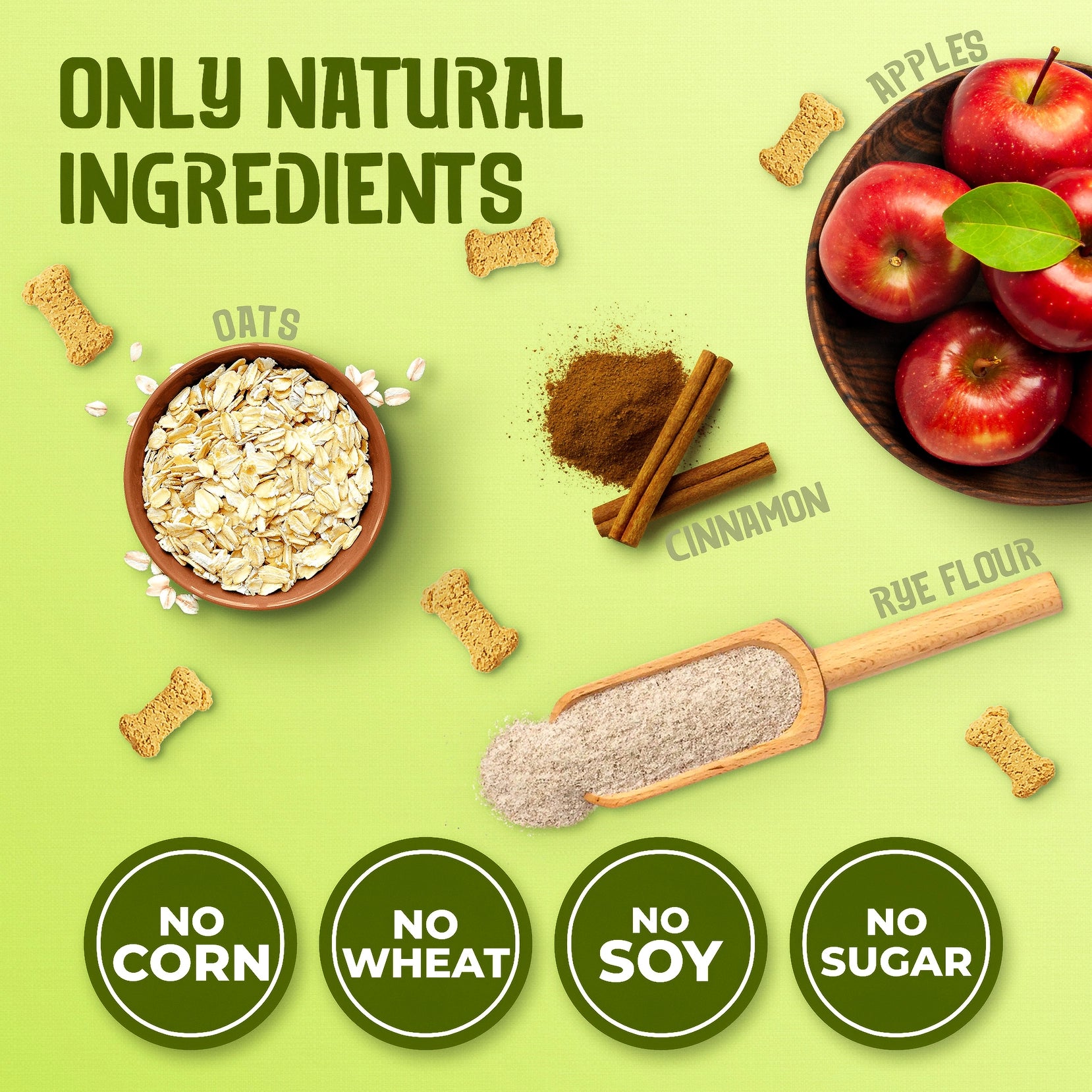A flat-lay image shows the ingredients for dog treats against a light orange background. A pumpkin is featured prominently in the center, with a bowl of oats and a scoop of rye flour to the side. The title "ONLY NATURAL INGREDIENTS" is at the top, while four icons at the bottom state "NO CORN", "NO WHEAT", "NO SOY" and "NO SUGAR". Small, bone-shaped dog treats are scattered across the image.