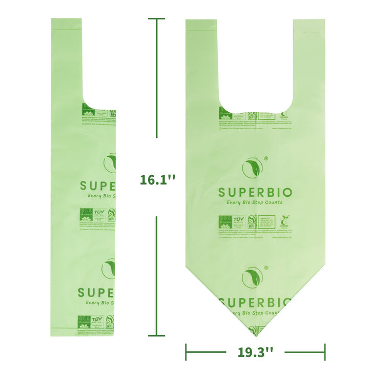 A pale green "Superbio" reusable shopping bag, measuring 16.1 inches tall and 19.3 inches wide, is displayed against a white background.