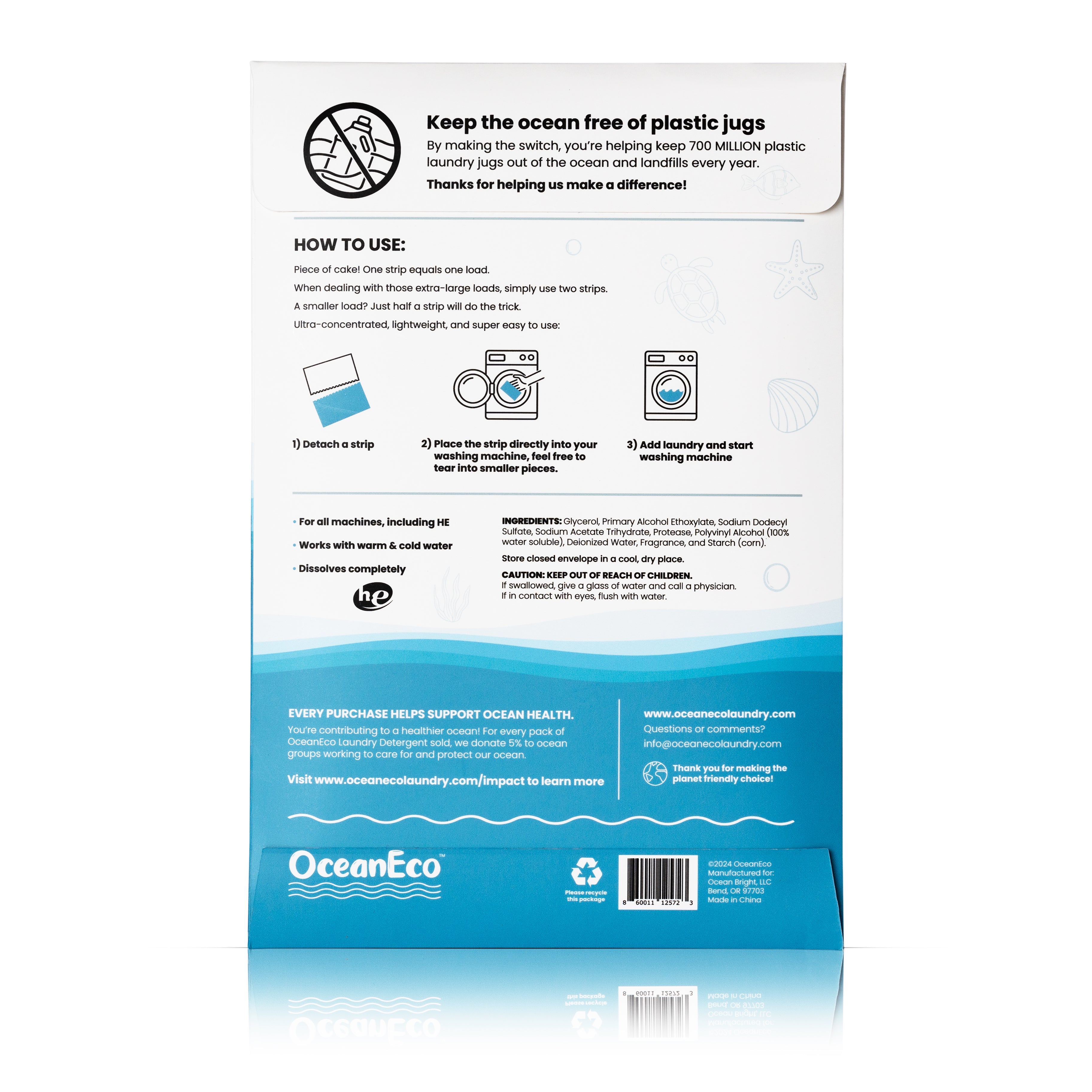 White rectangular package of the fresh breeze laundry strips  shown from the back, featuring clear black text with detailed product information, instructions for use, ingredients list, and eco-friendly certifications on a clean white background.