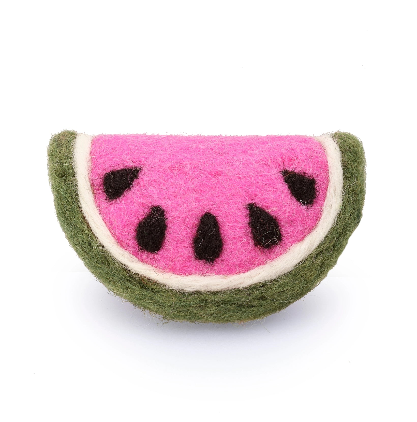 A wool cat toy shaped like a watermelon slice, made with Azo-free dyes and filled with organic catnip.