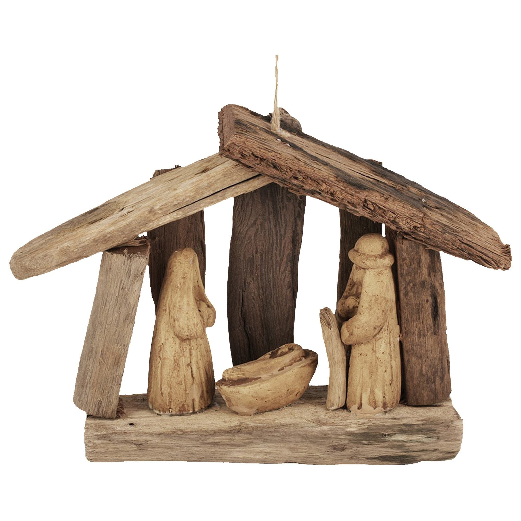 Handmade recycled driftwood nativity ornament with Mary, Joseph, and baby Jesus inside a rustic wooden stable, sustainable holiday decor.