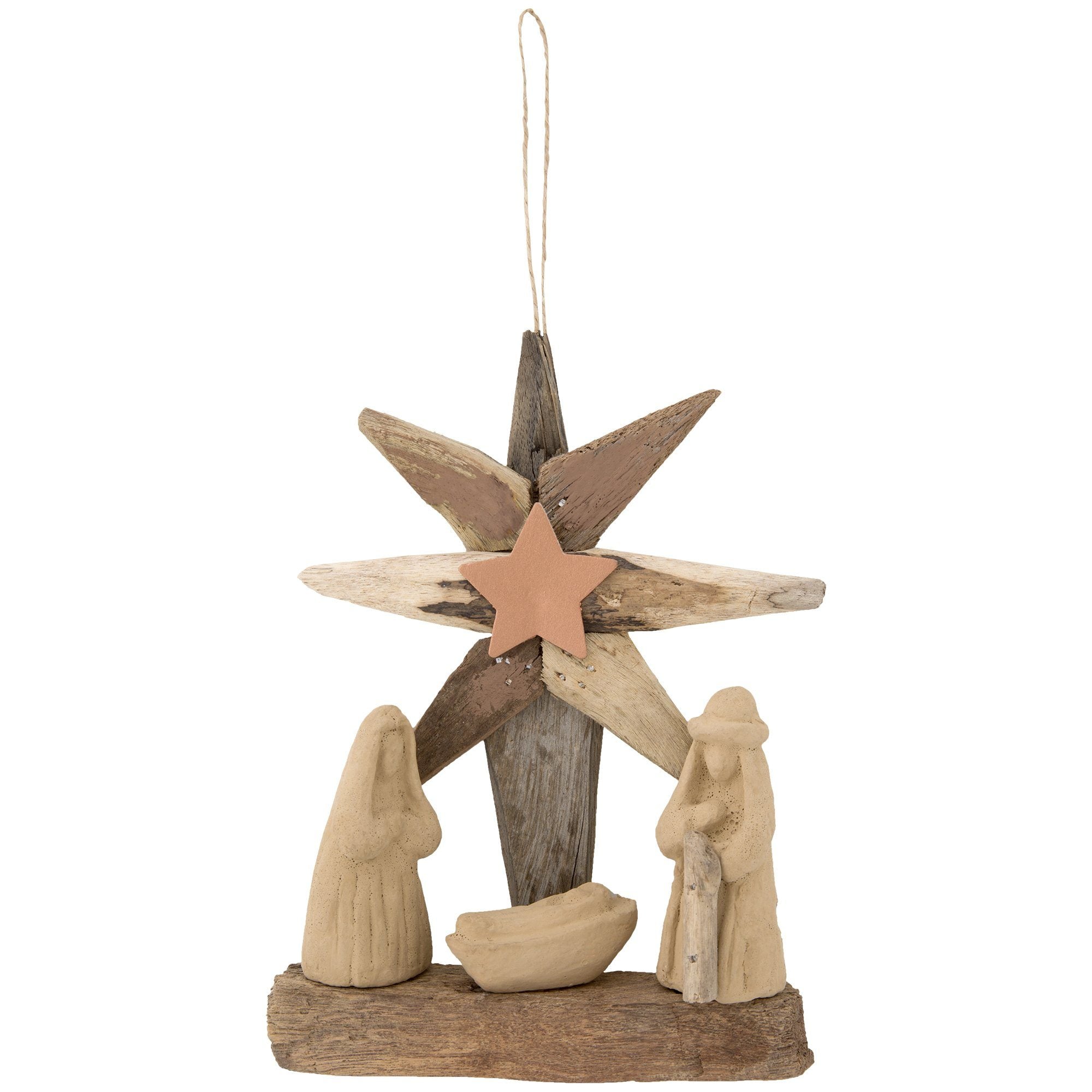 Handmade recycled driftwood nativity ornament with clay figures and a copper star, perfect for sustainable holiday decor.