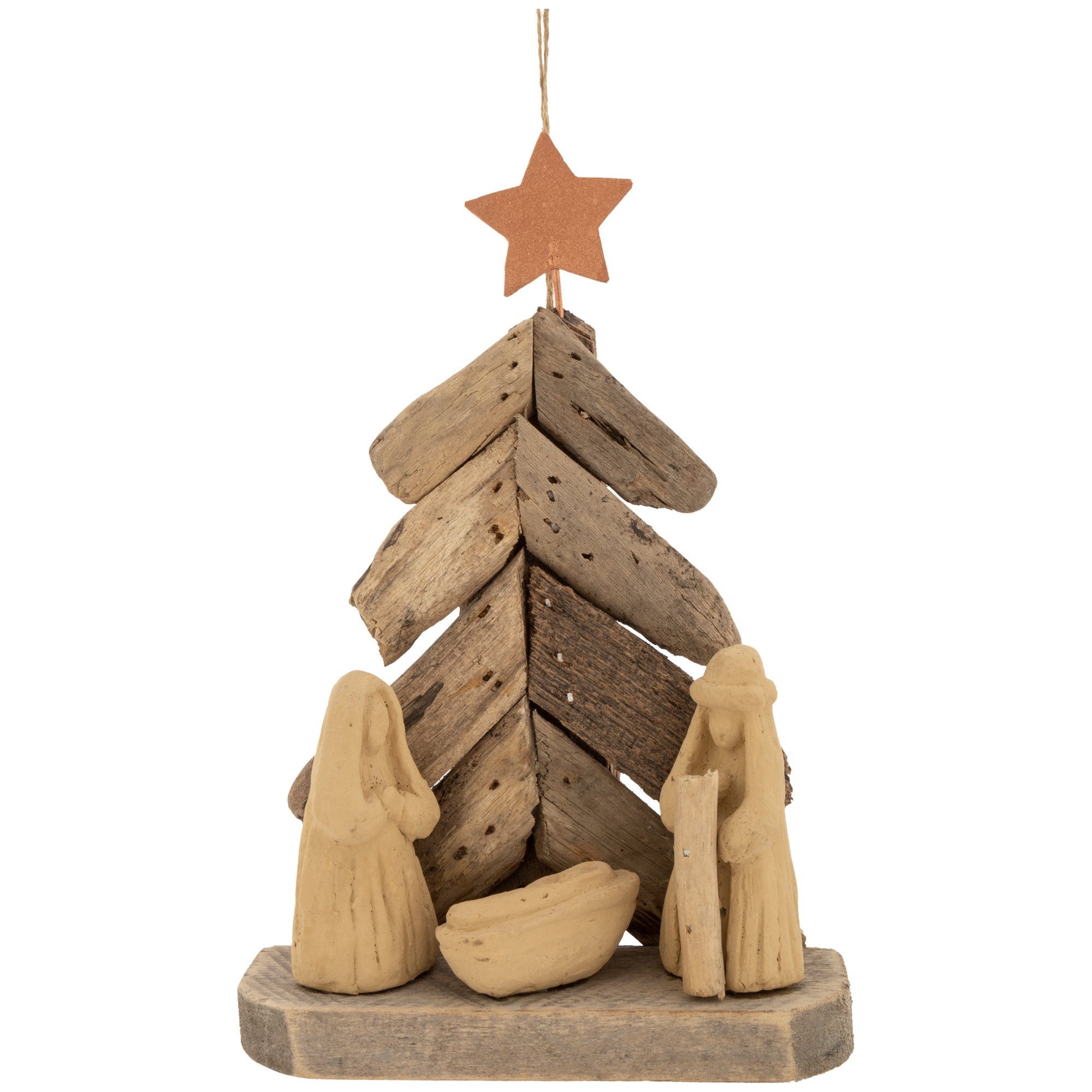 Recycled driftwood nativity ornament with clay figures and a copper star, handcrafted for eco-friendly, unique holiday decoration.