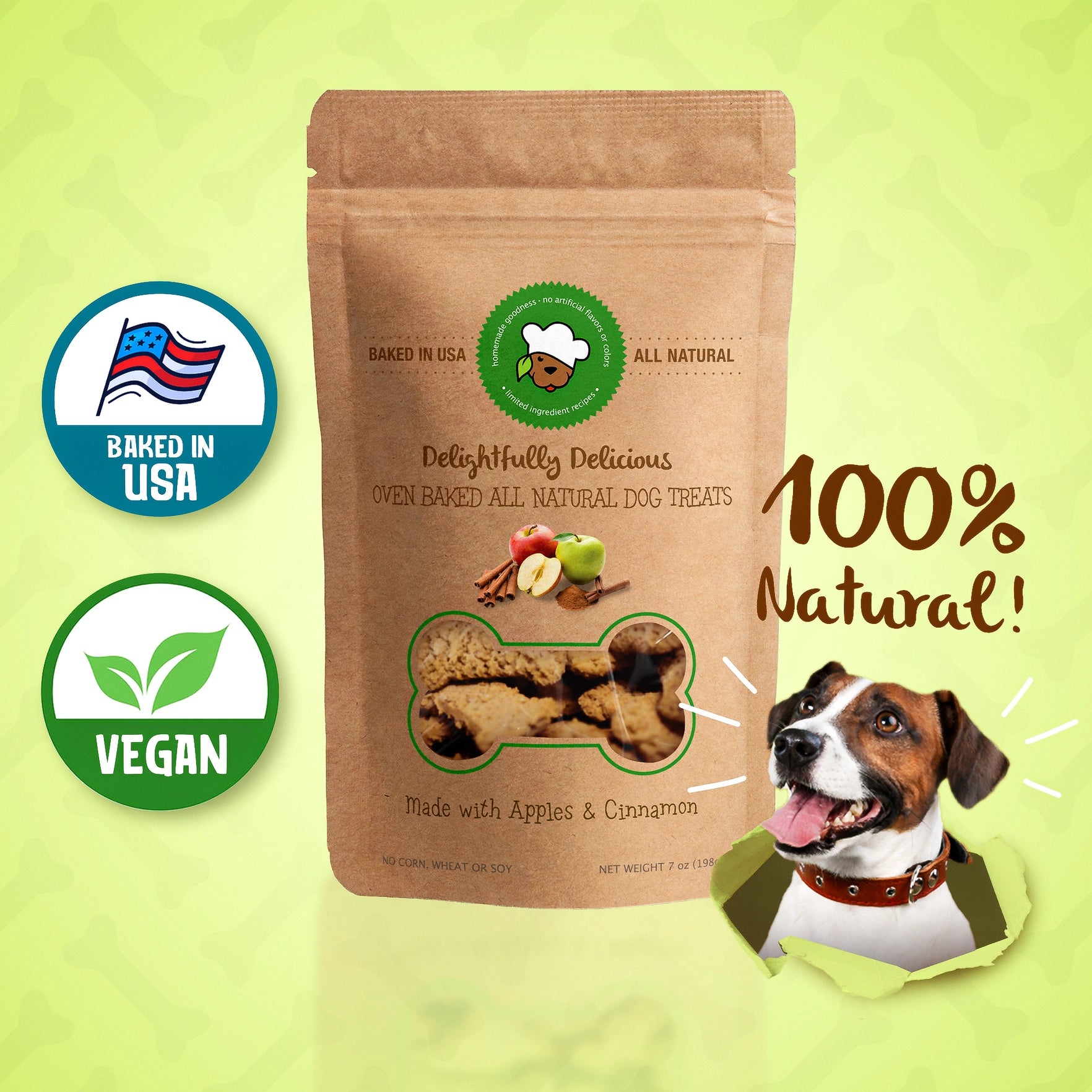 A bag of Delightfully Delicious dog treats is shown, labeled "Made with Apples & Cinnamon". It also notes they are "100% Natural!" and "Baked in USA".