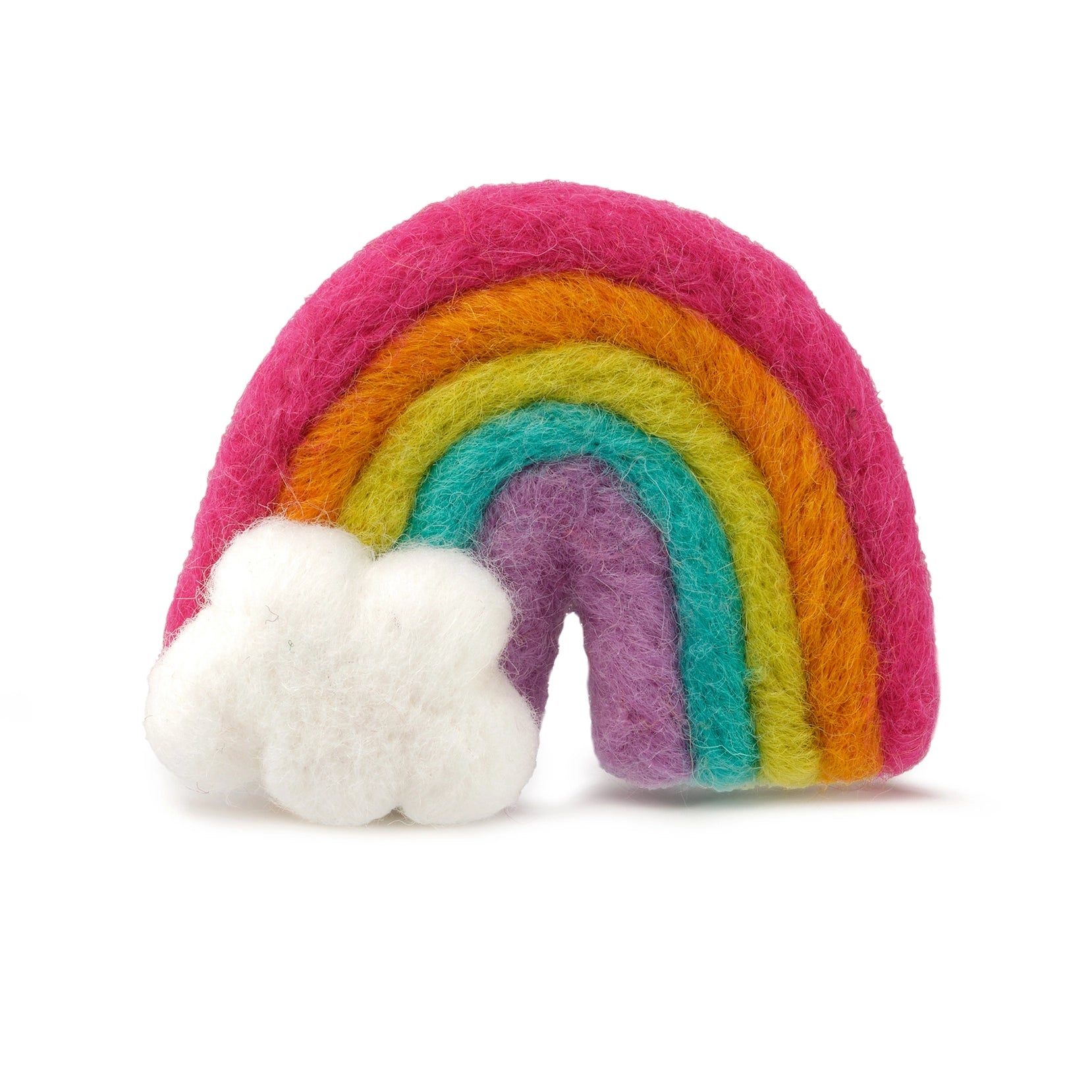 A bright rainbow-shaped wool cat toy, handmade with natural wool and infused with catnip for hours of fun.