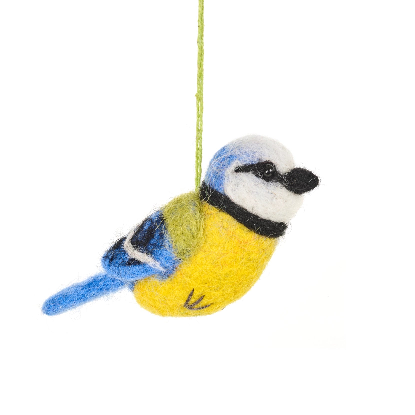 A handmade felt hanging ornament of a yellow and blue bird with a white head and a black beak is shown.