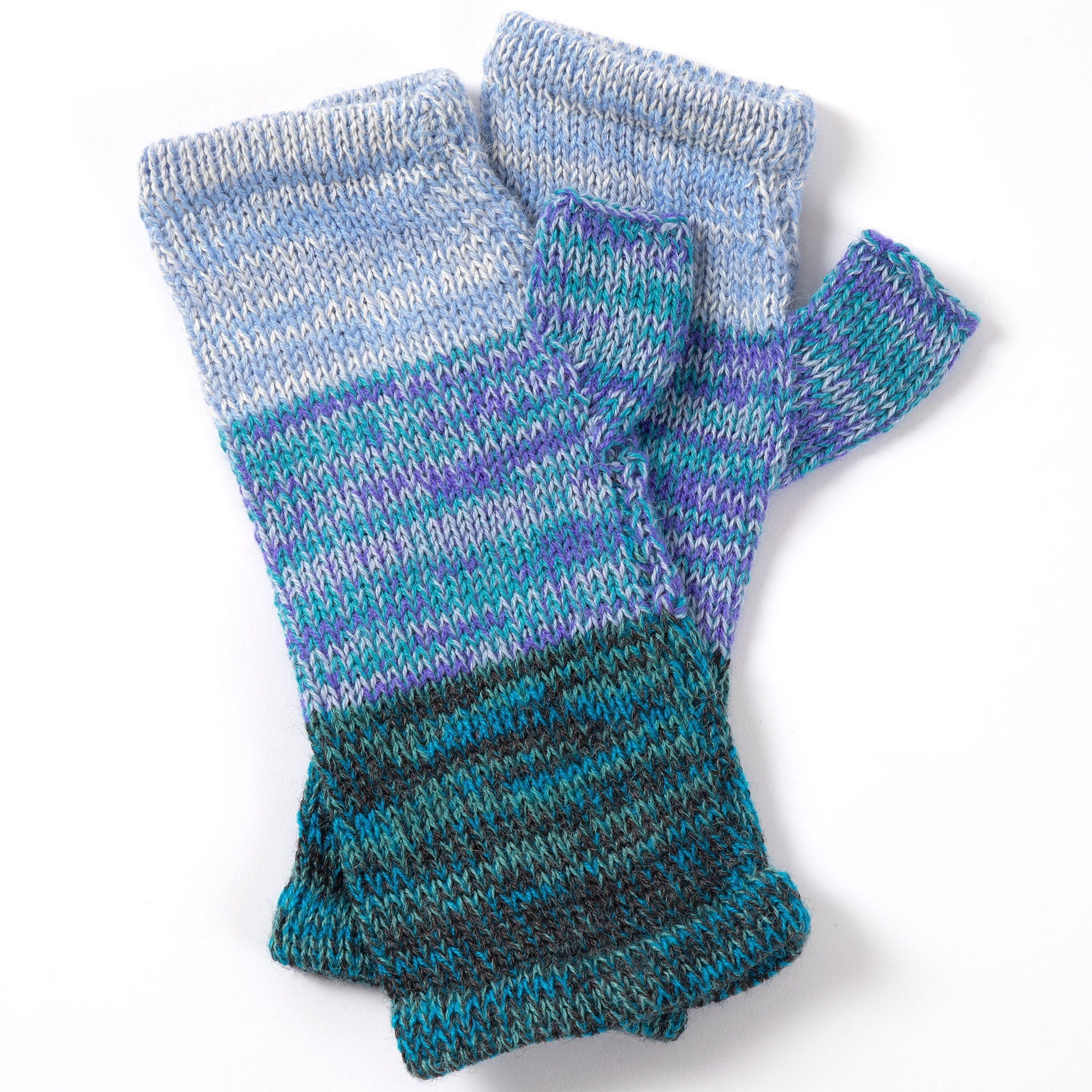 Pair of blue knitted alpaca mittens with a textured pattern and contrasting color accents.