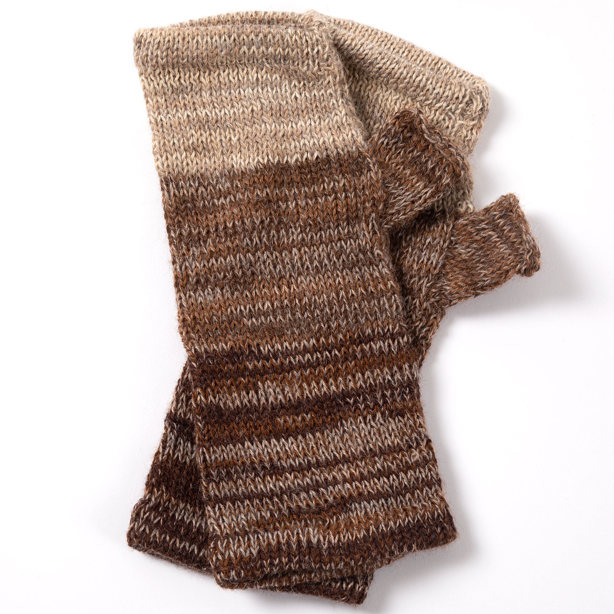 Alpaca fingerless mittens in rich brown and coffee tones, featuring a soft, durable knit. Handmade in Bolivia from 100% alpaca.
