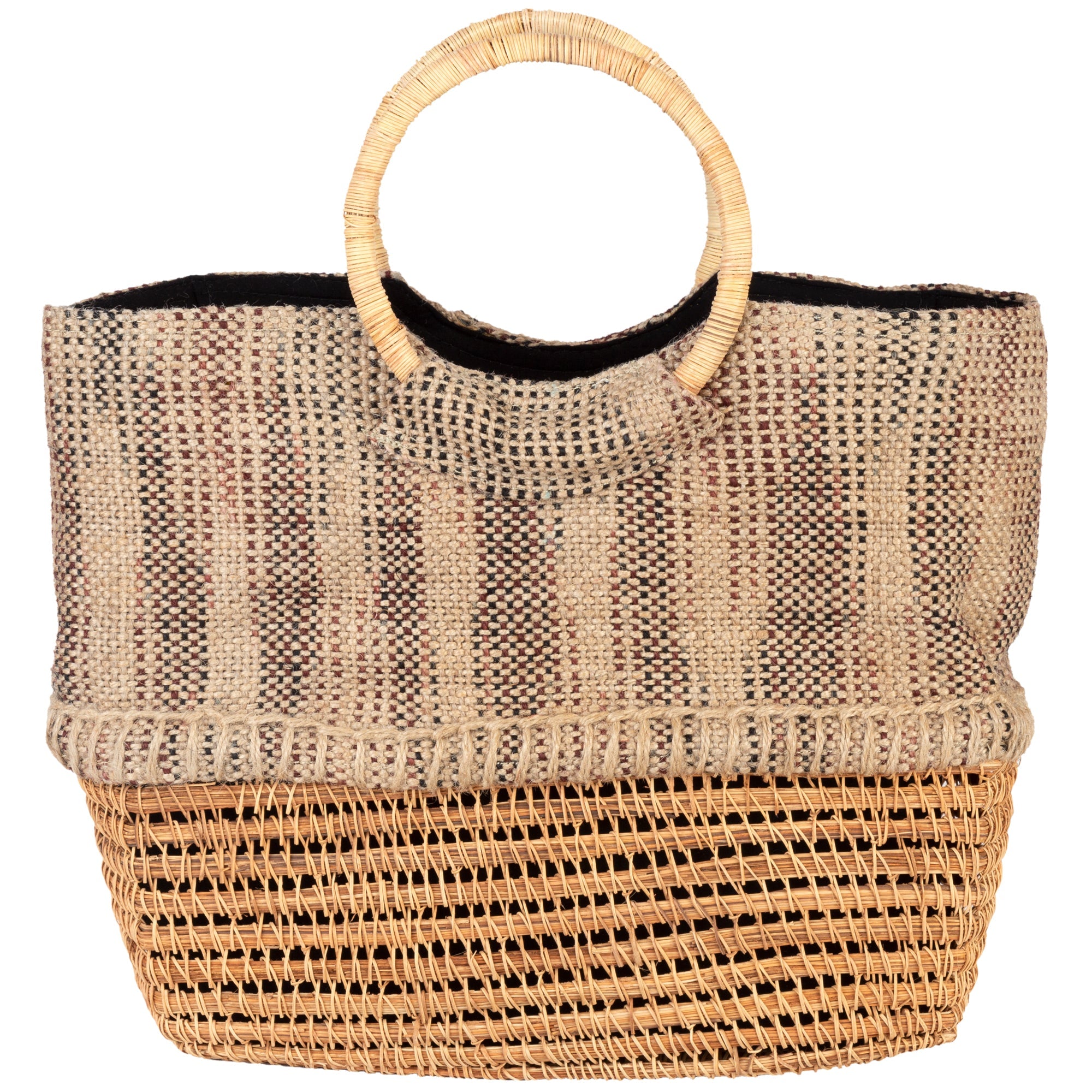 Palm fiber handbag shown against a clean backdrop, highlighting the woven texture, rounded handles, and functional, lined interior. Handmade and fairly traded.