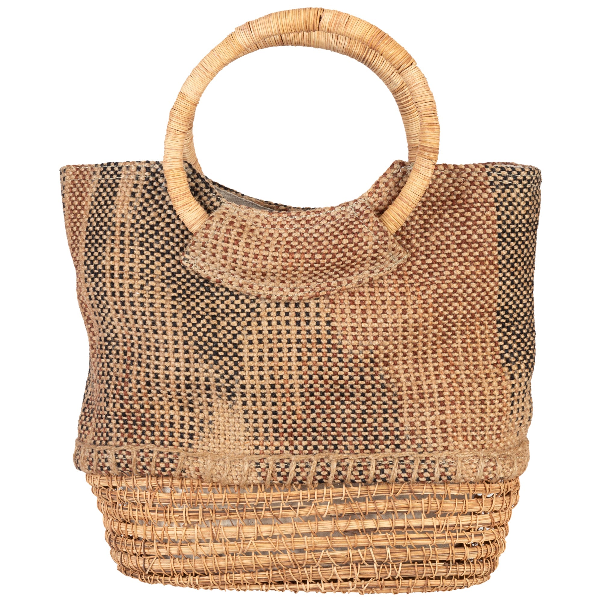 Palm fiber tote shown upright with emphasis on its natural materials and neat, compact form. Features a soft cotton lining and is handmade in Bangladesh.
