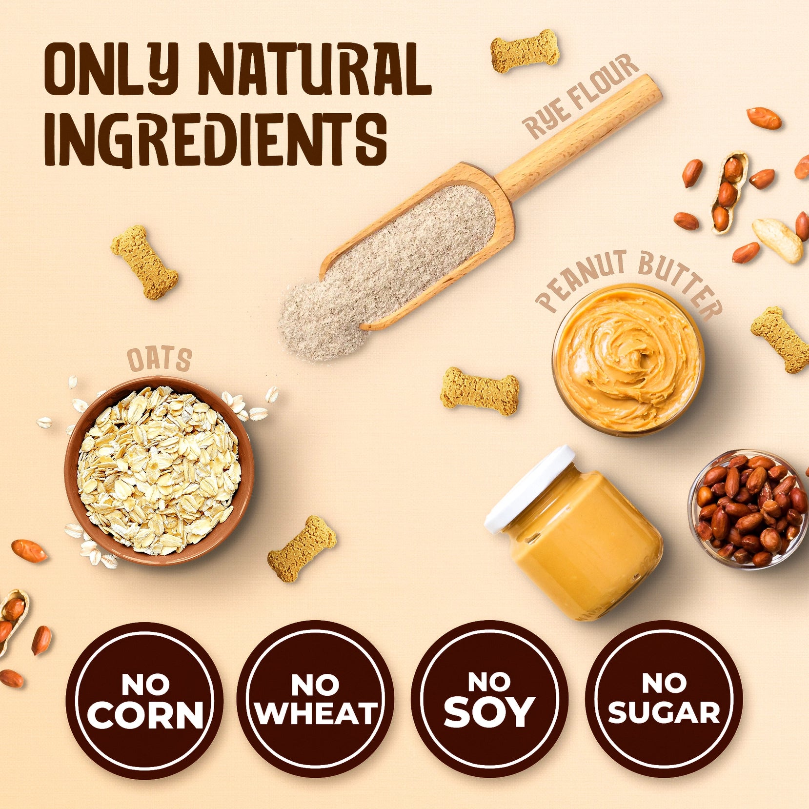 A flat-lay image shows the ingredients for dog treats against a brown background. Ingredients include rye flour, oats, peanut butter and peanuts. The title "ONLY NATURAL INGREDIENTS" is at the top and four icons at the bottom state "NO CORN", "NO WHEAT", "NO SOY" and "NO SUGAR". Small, bone-shaped dog treats are also scattered across the image.