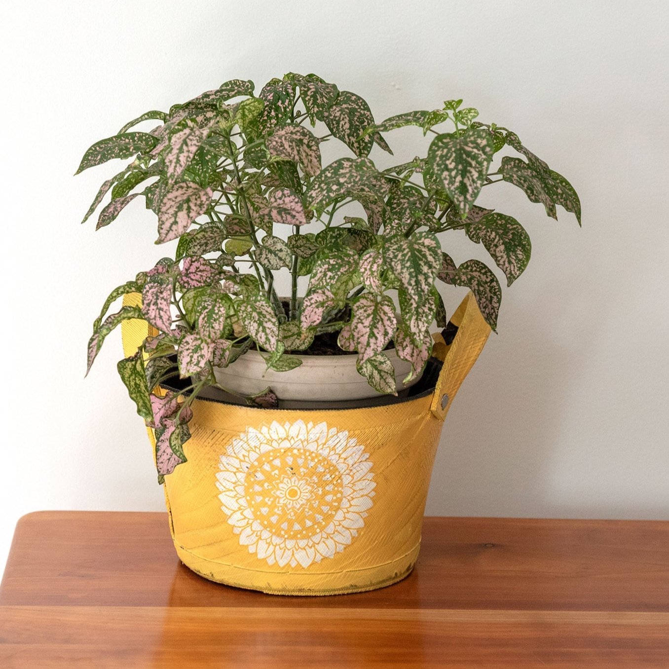 Yellow hand-painted planter with a leafy green plant, placed on a round wooden table next to a closed book and a white ceramic pitcher.