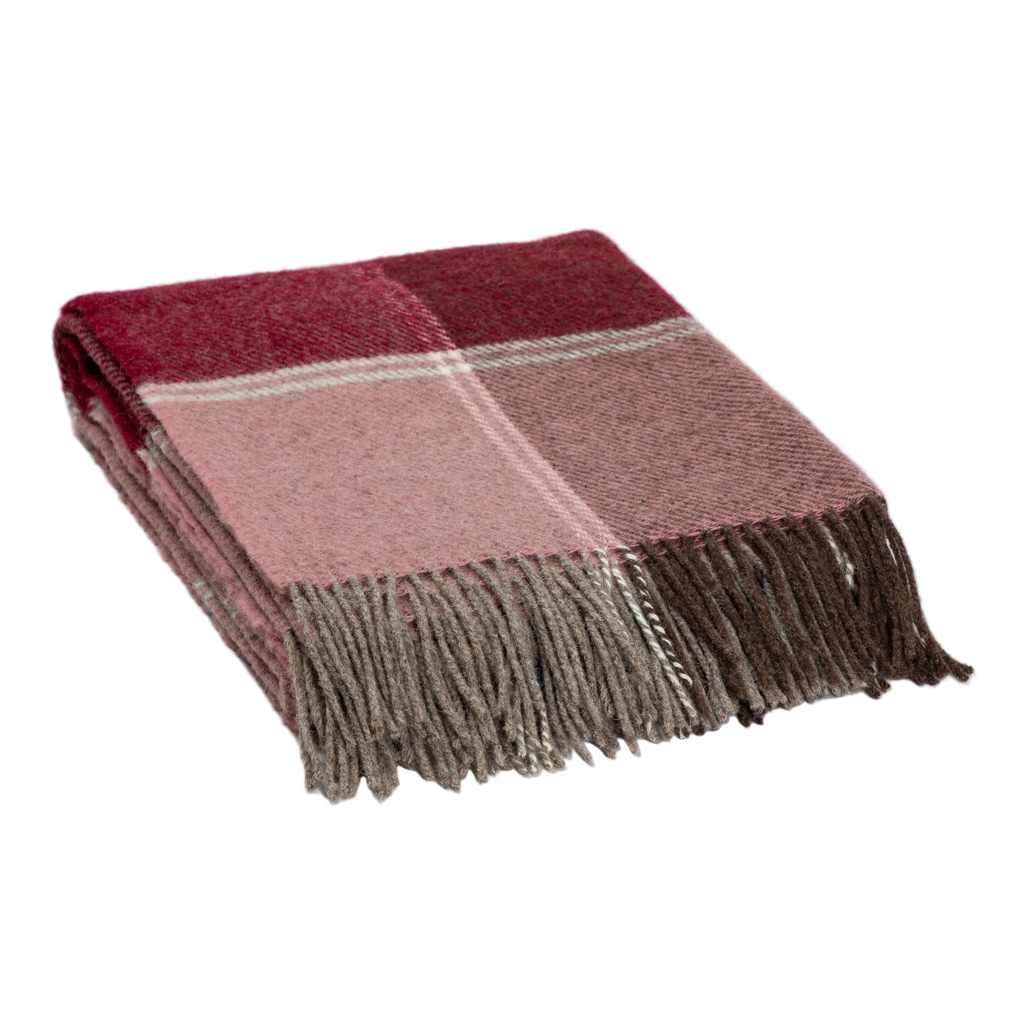 A burgandy Ukrainian wool blanket, highlighting the soft, fuzzy wool texture and a portion of the fringed edge.