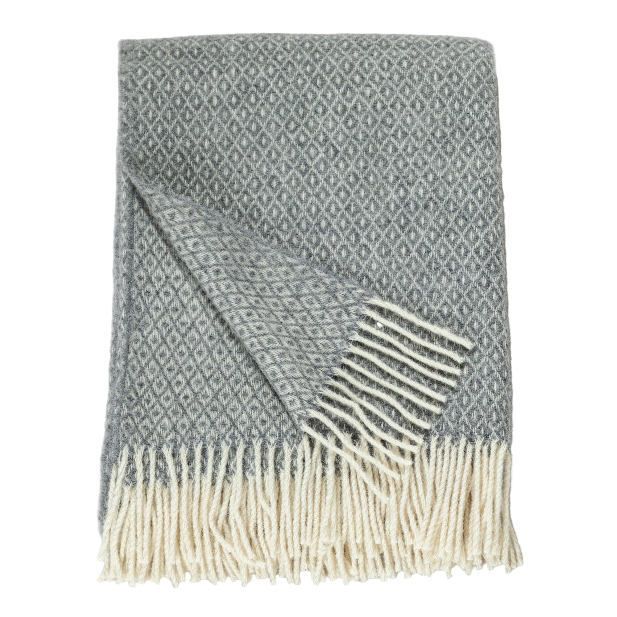 A cozy Ukrainian wool blanket folded neatly on a white surface. The blanket features a diamond pattern in various shades of gray with cream-colored fringe on the edges.
