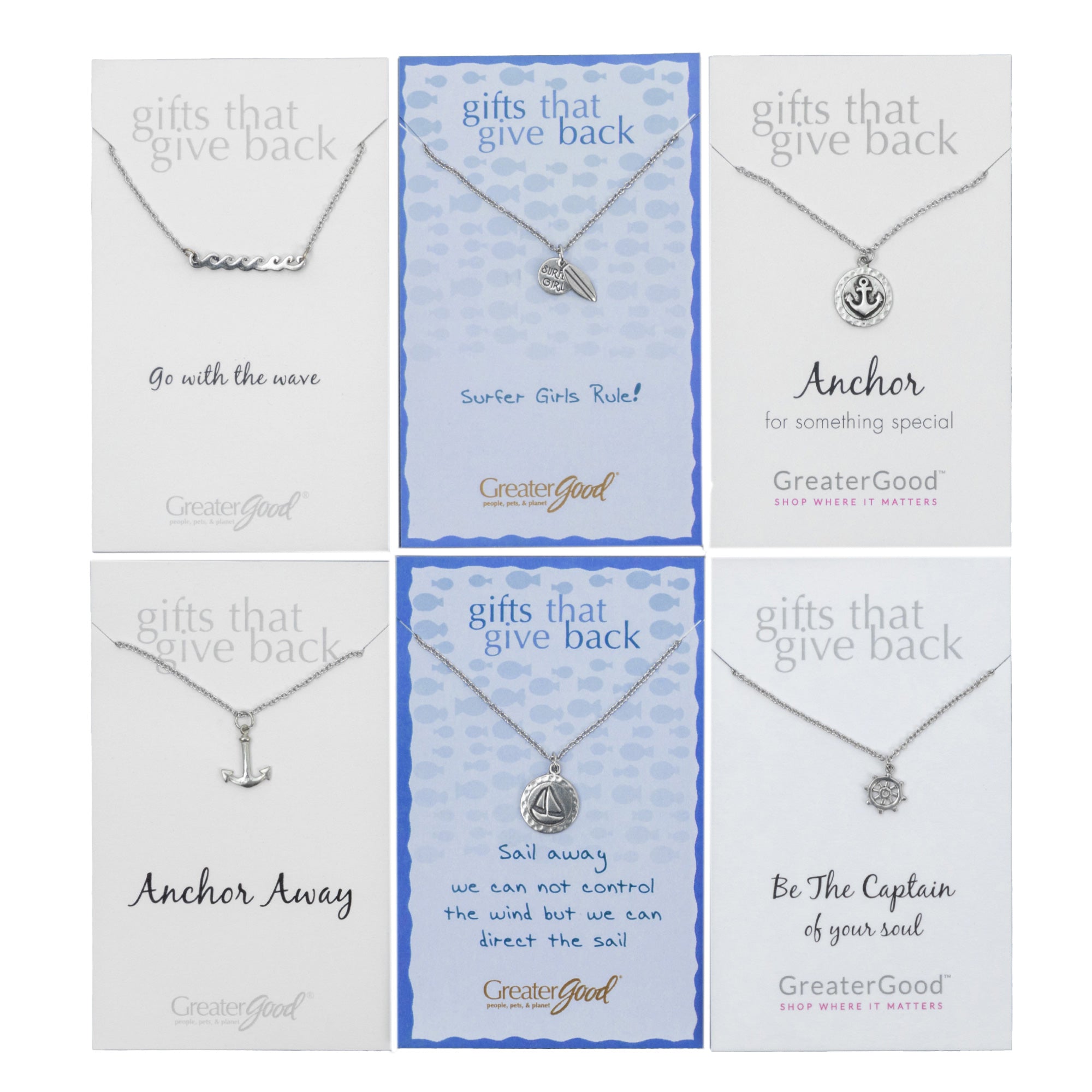A collection of pewter necklaces displayed on decorative cards featuring ocean-inspired designs like anchors, surfboards, and waves, paired with messages promoting ocean conservation and sustainability.