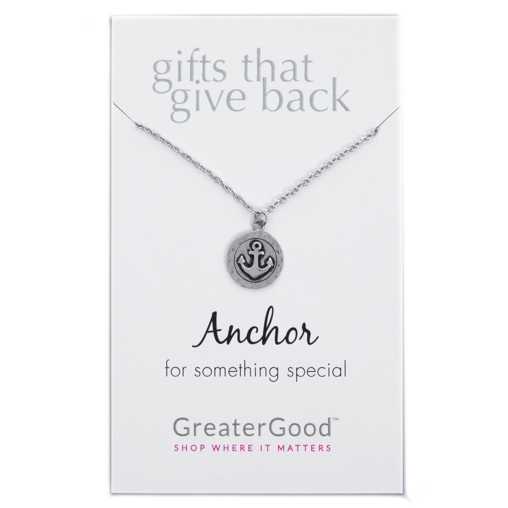 An anchor pendant necklace presented on a white-toned card, representing a commitment to protecting coastlines and supporting plastic cleanup efforts worldwide.