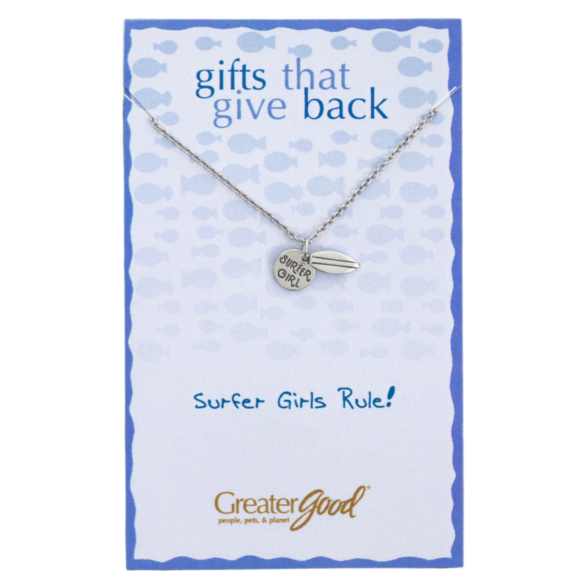 A necklace with two pendants—a circular “SURF GIRL” charm and a surfboard—shown on a blue-toned card, celebrating ocean culture and sustainable fashion.
