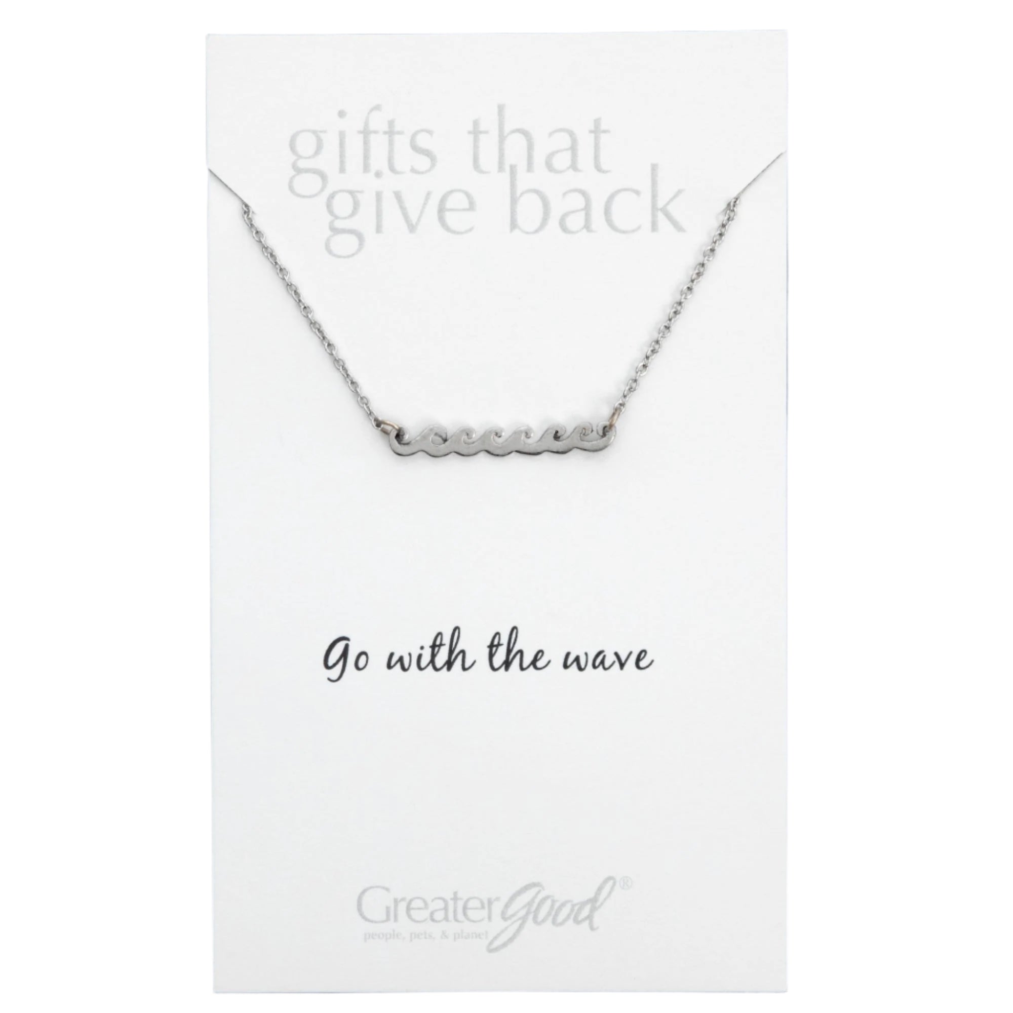 A waves pendant necklace resting on a white card, embodying the rhythm and power of the ocean while supporting plastic removal initiatives.