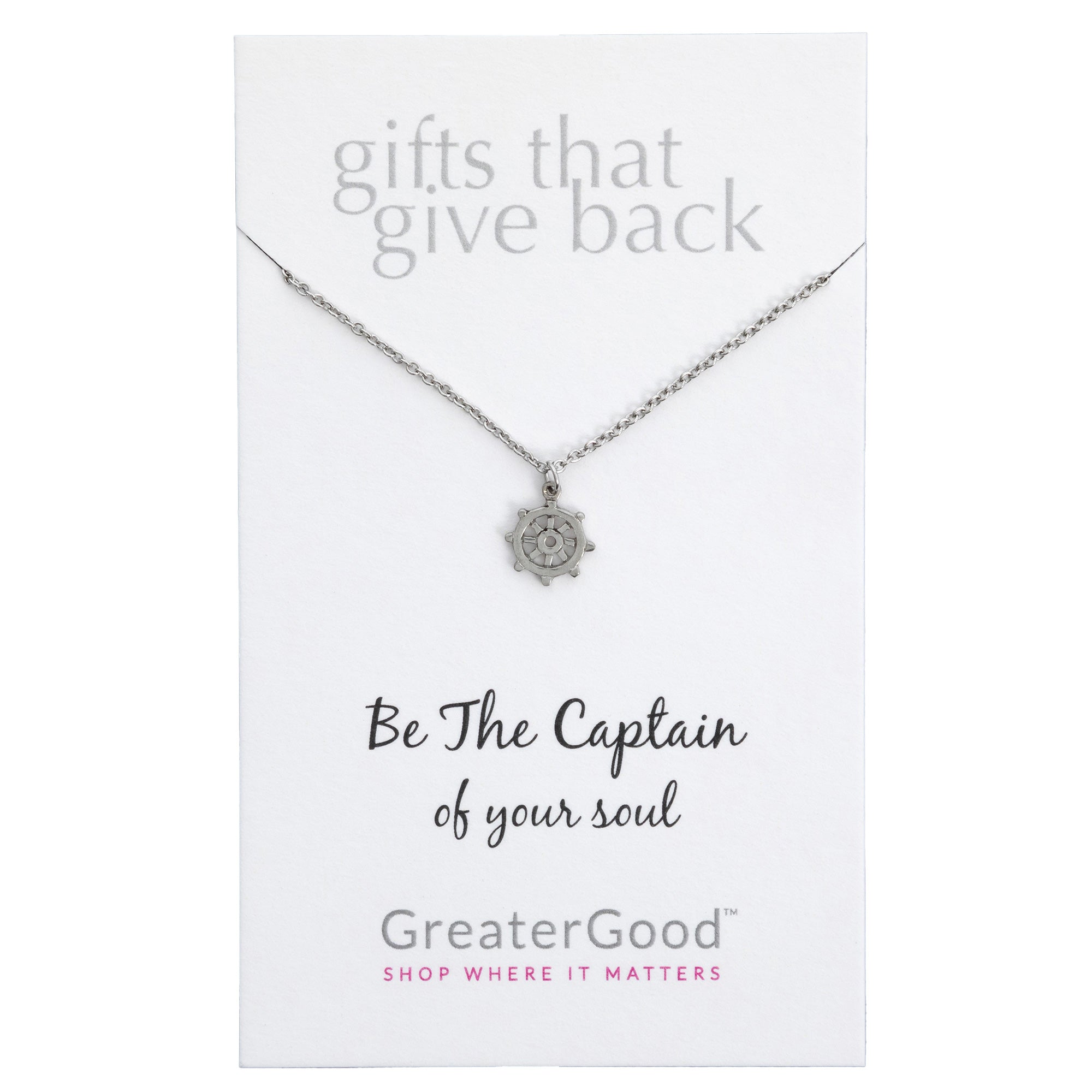 A rudder-shaped pendant necklace displayed on a white-toned card, symbolizing navigation and guidance toward a cleaner, healthier ocean.