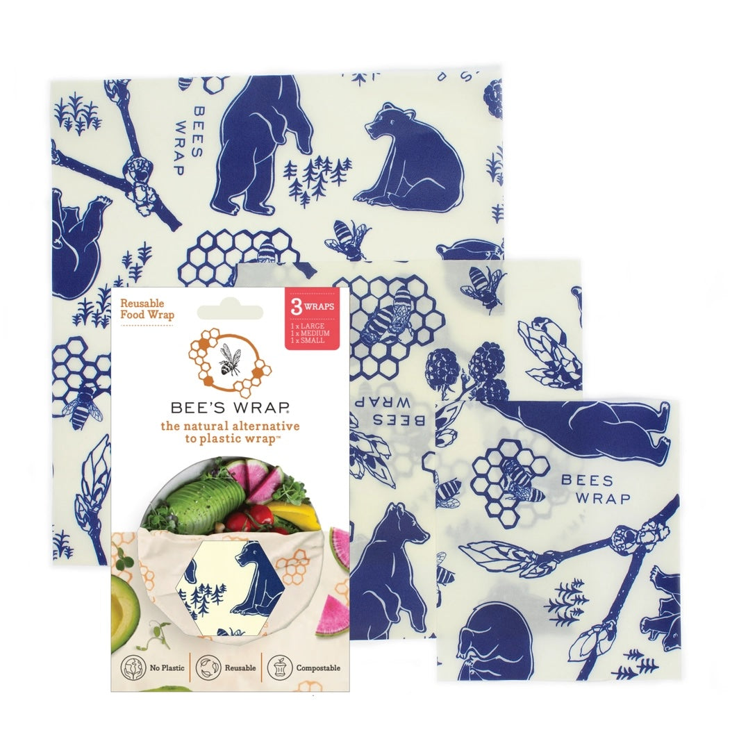 Bees Wrap set with blue bear and bee designs, three sizes in packaging, natural reusable food wrap, plastic-free and compostable.