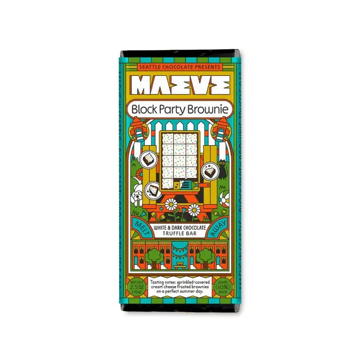 Maeve “Block Party Brownie” truffle bar photographed on a clean white background, highlighting its playful packaging and rich, fudgy flavor concept.