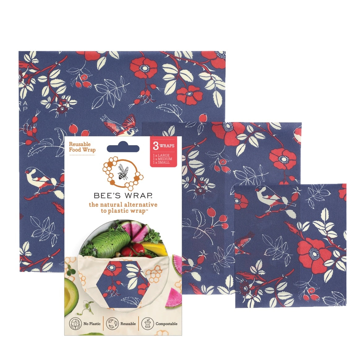Bees Wrap with navy blue background, red flowers, and birds, shown in packaging with three sizes: large, medium, and small.