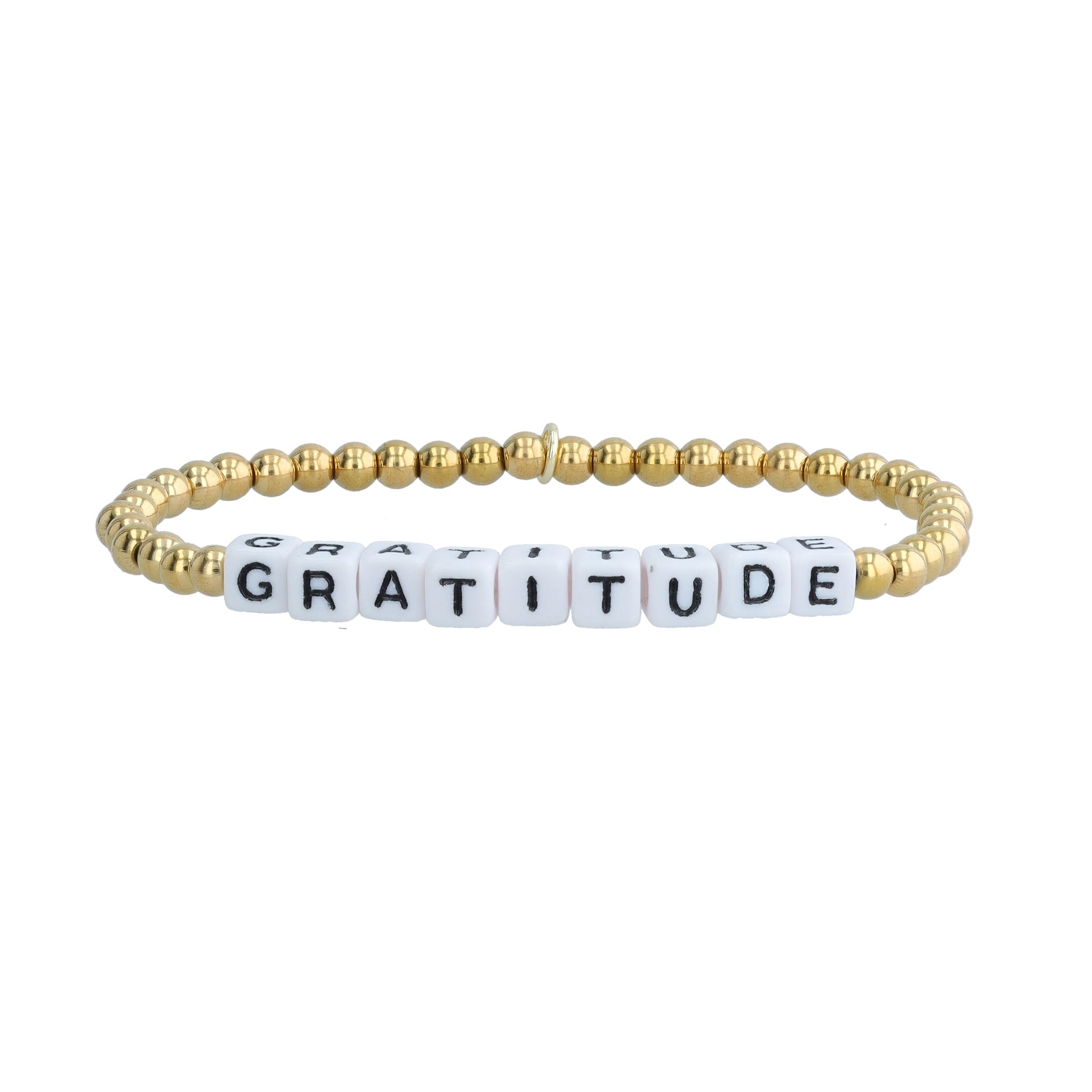 Eco-friendly bracelet with the word “Gratitude" in recycled plastic letters and gold-plated stainless steel beads. Durable, water-safe, and handmade in Bali.