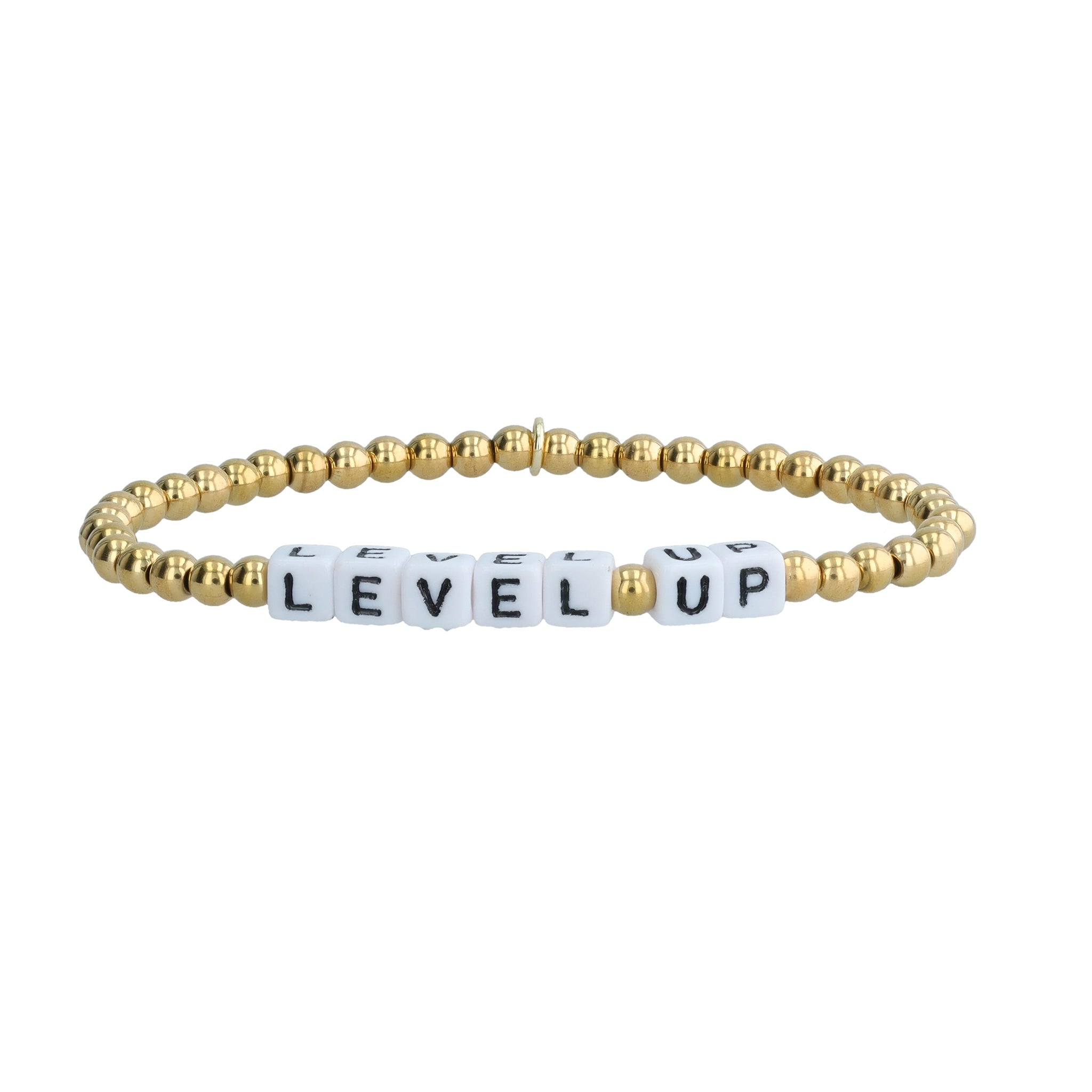 Inspirational “Level Up” bracelet crafted from recycled plastic and 14K gold-plated beads. Stretch cord design, water-resistant, handmade in Bali.