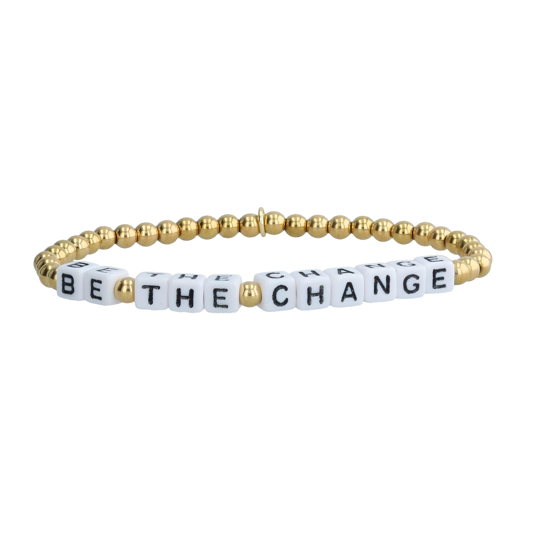 Eco-friendly bracelet with the words “Be The Change” in recycled plastic letters and gold-plated stainless steel beads. Durable, water-safe, and handmade in Bali.