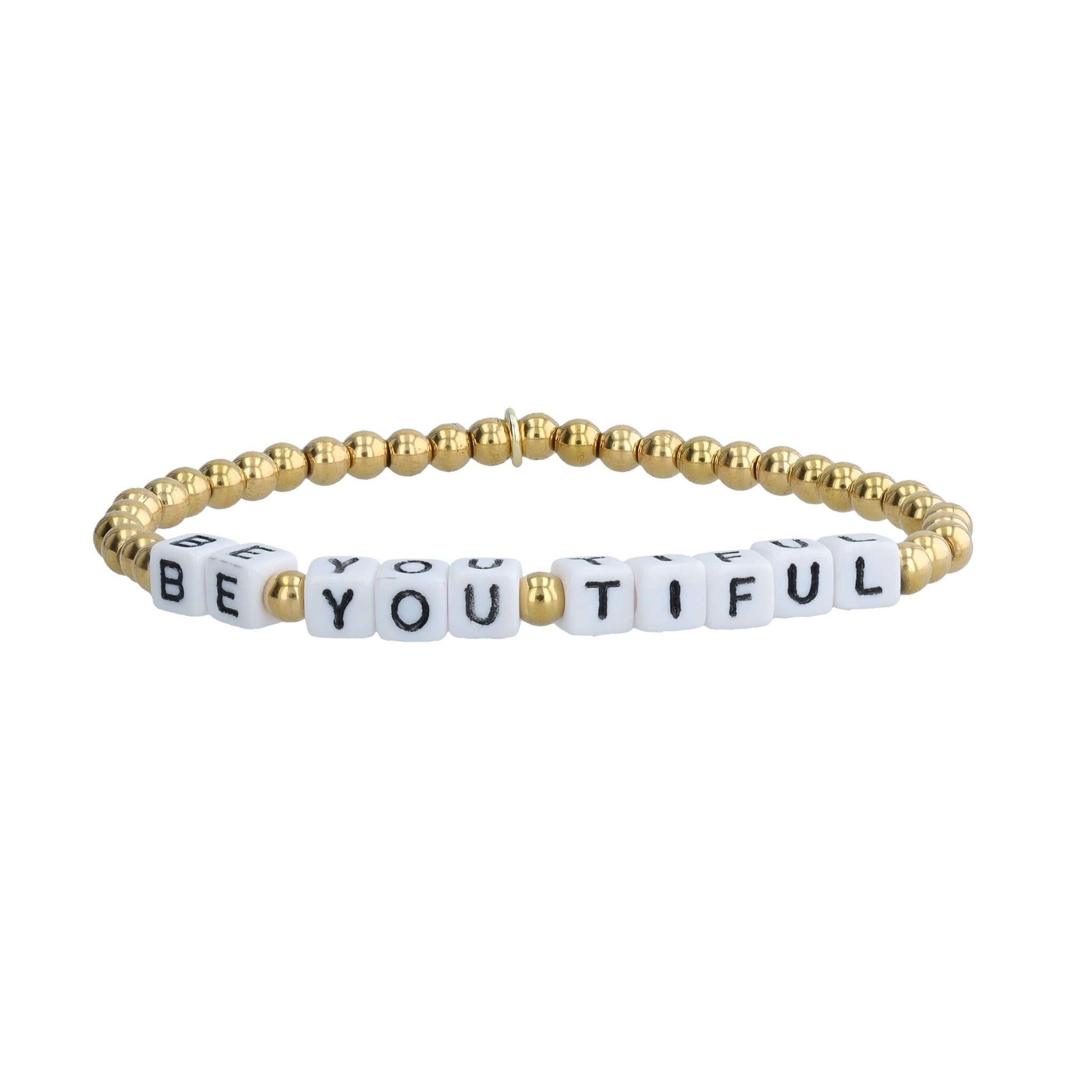 Sustainable “Be You Tiful” bracelet with 14K gold-plated and recycled plastic beads. Each purchase helps remove a pound of trash from waterways.