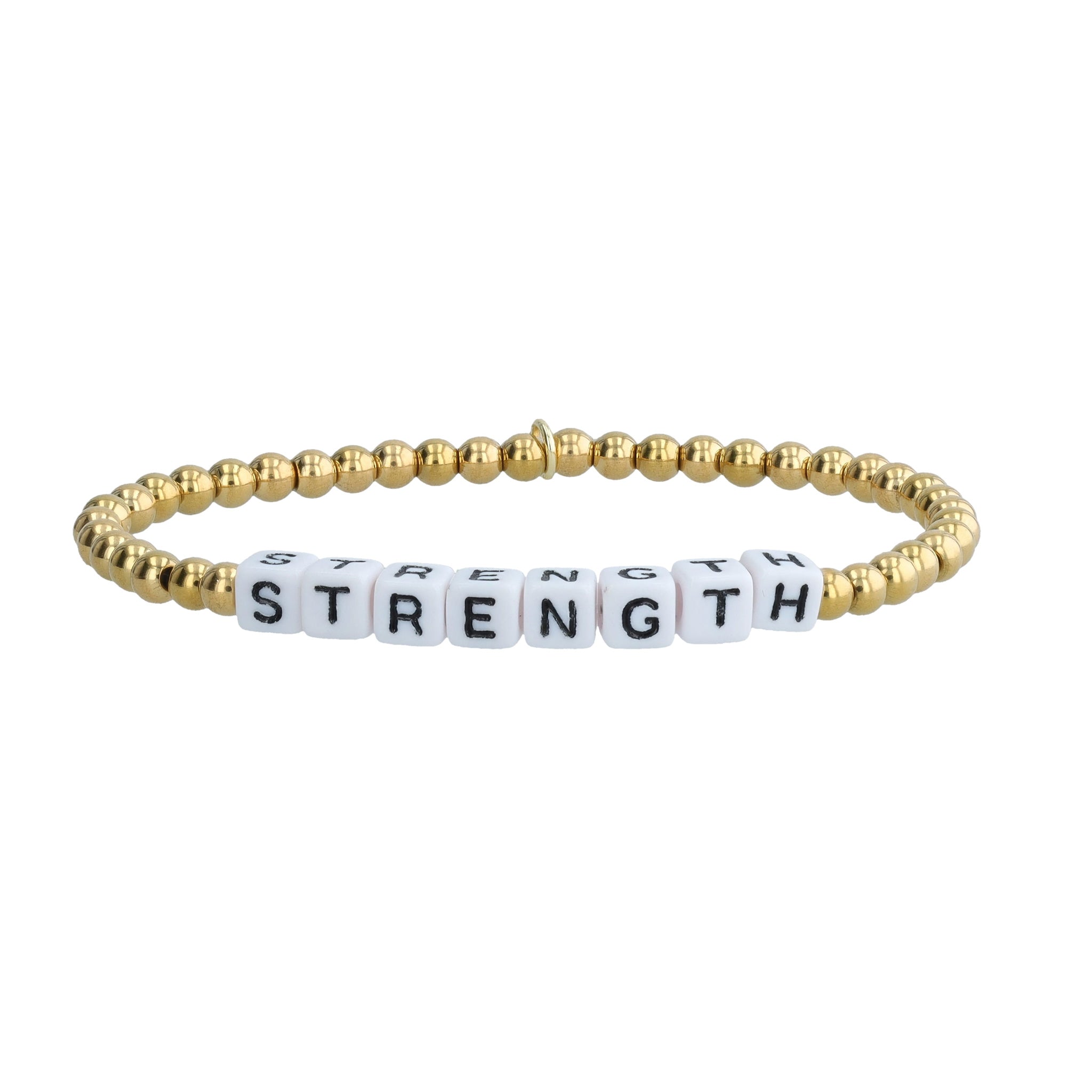 Eco-friendly “Strength” bracelet made with recycled plastic and gold-plated beads. Durable, stretch cord design, water-safe, and handmade by artisans in Bali.