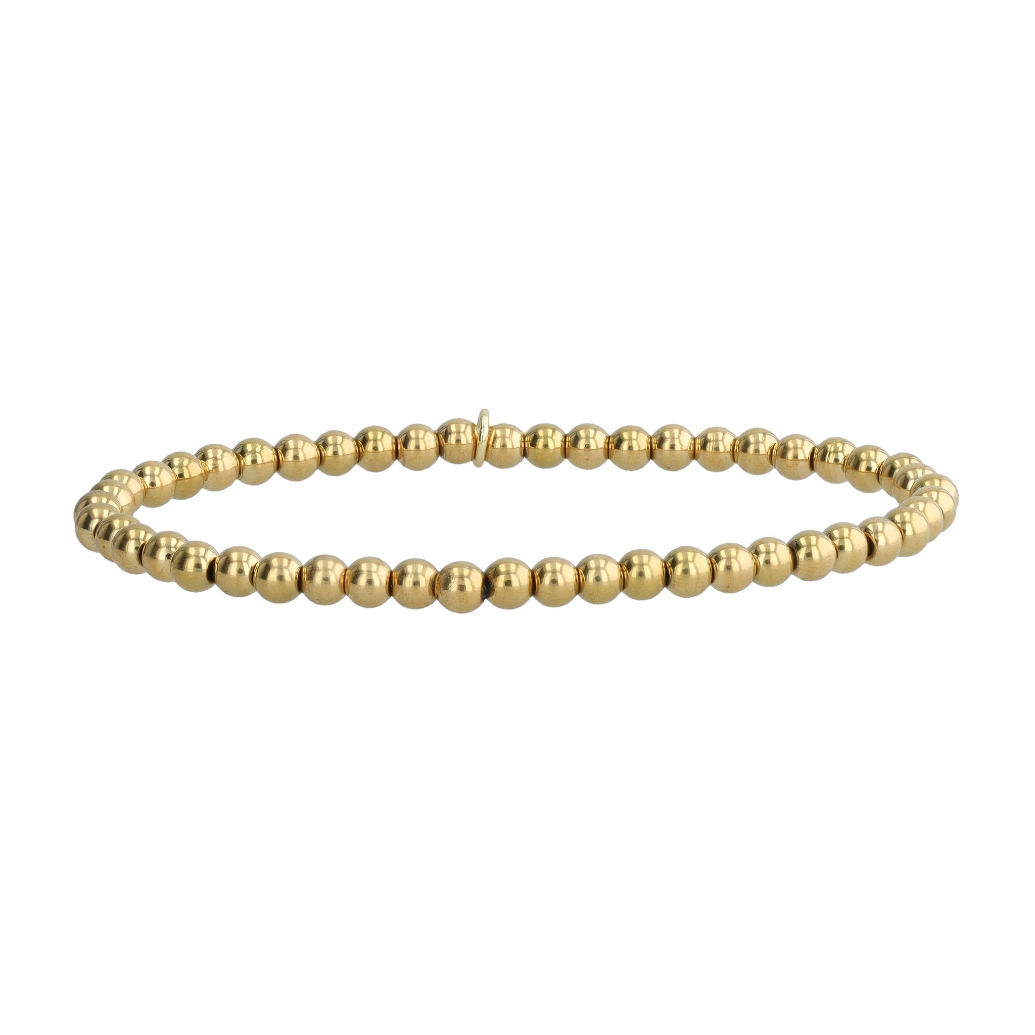 Close view of a 14K gold-plated stretch bracelet made from recycled stainless steel beads. Handmade in Bali, water-resistant, and supporting ocean cleanup efforts.