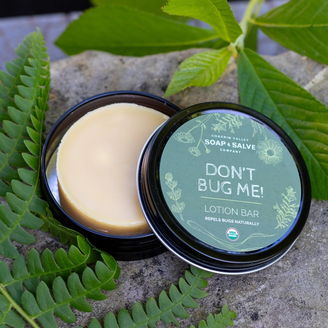 An open tin of 'Don't Bug Me!' lotion bar sits on a stone surface, surrounded by green ferns. The round yellow lotion bar is visible inside the tin.