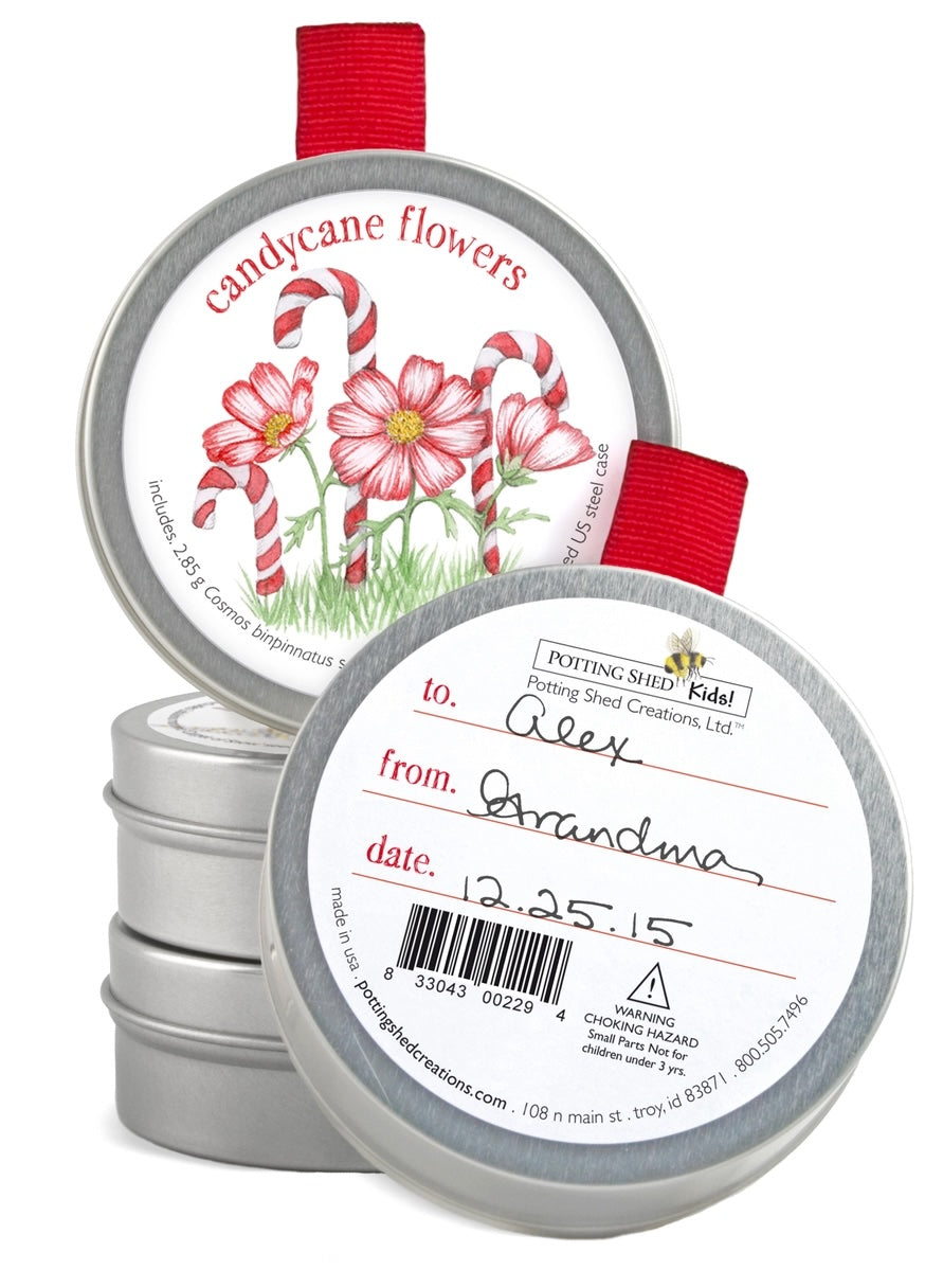 A stack of small, round tins is shown, with the top tin featuring a gift tag that reads "to: Alex," "from: Grandma," and "date: 12.25.15". Another tin is visible in the background with an illustration of candy cane-striped flowers and the words candycane flowers. A red ribbon is attached to the top tin.
