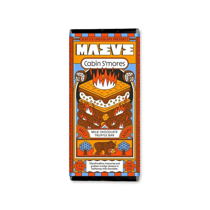 Maeve "Camper’s S’mores" chocolate truffle bar in colorful packaging, highlighting its rich flavor and commitment to fair-trade, sustainable practices.