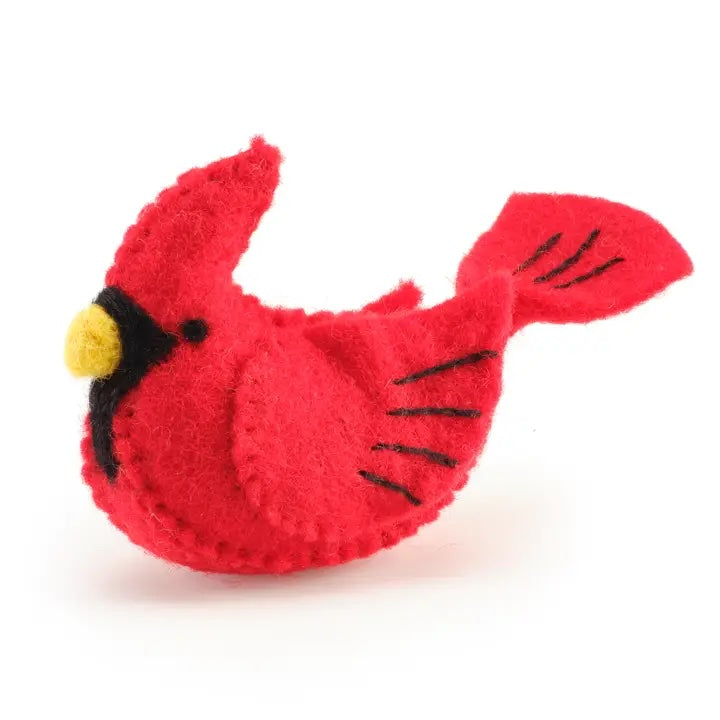 A red cardinal-shaped wool cat toy with a black face detail, Fair Trade made and infused with organic catnip.