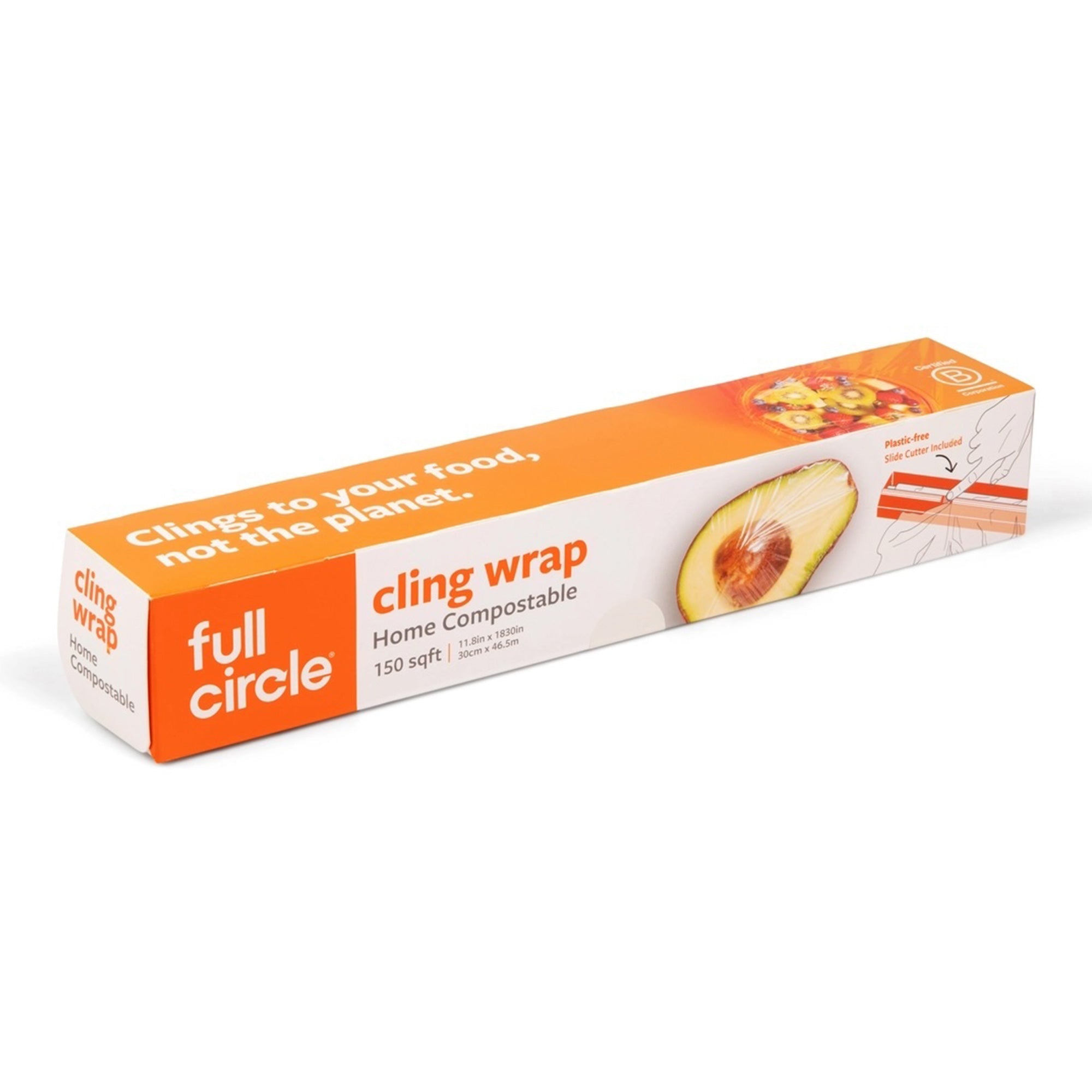 A box of plant-based compostable cling wrap shown at an angle, emphasizing its sustainable design and eco-friendly packaging with a removable slide cutter.