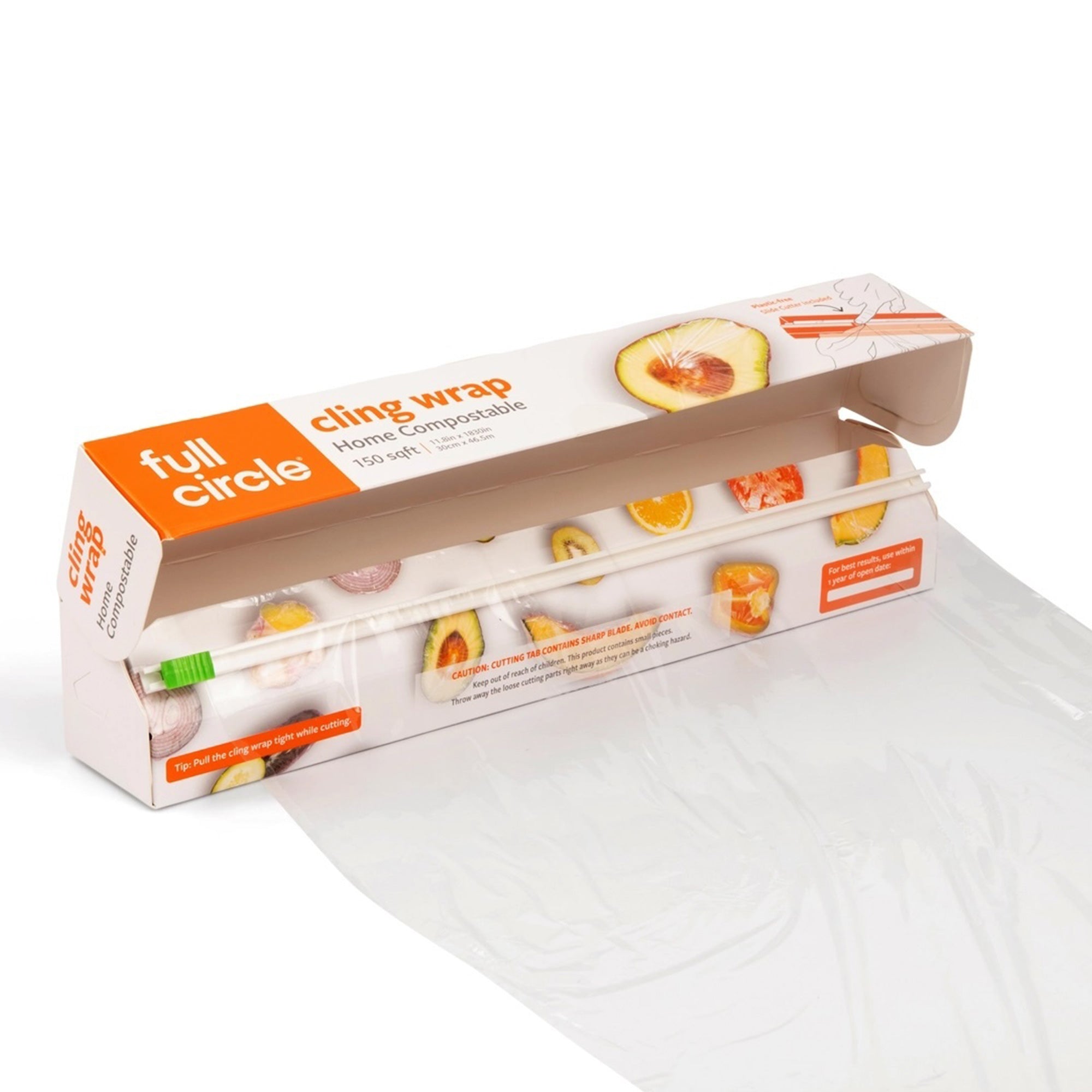 A close-up of the plant-based cling wrap being pulled from the box, showing its flexible, durable texture and home-compostable design.