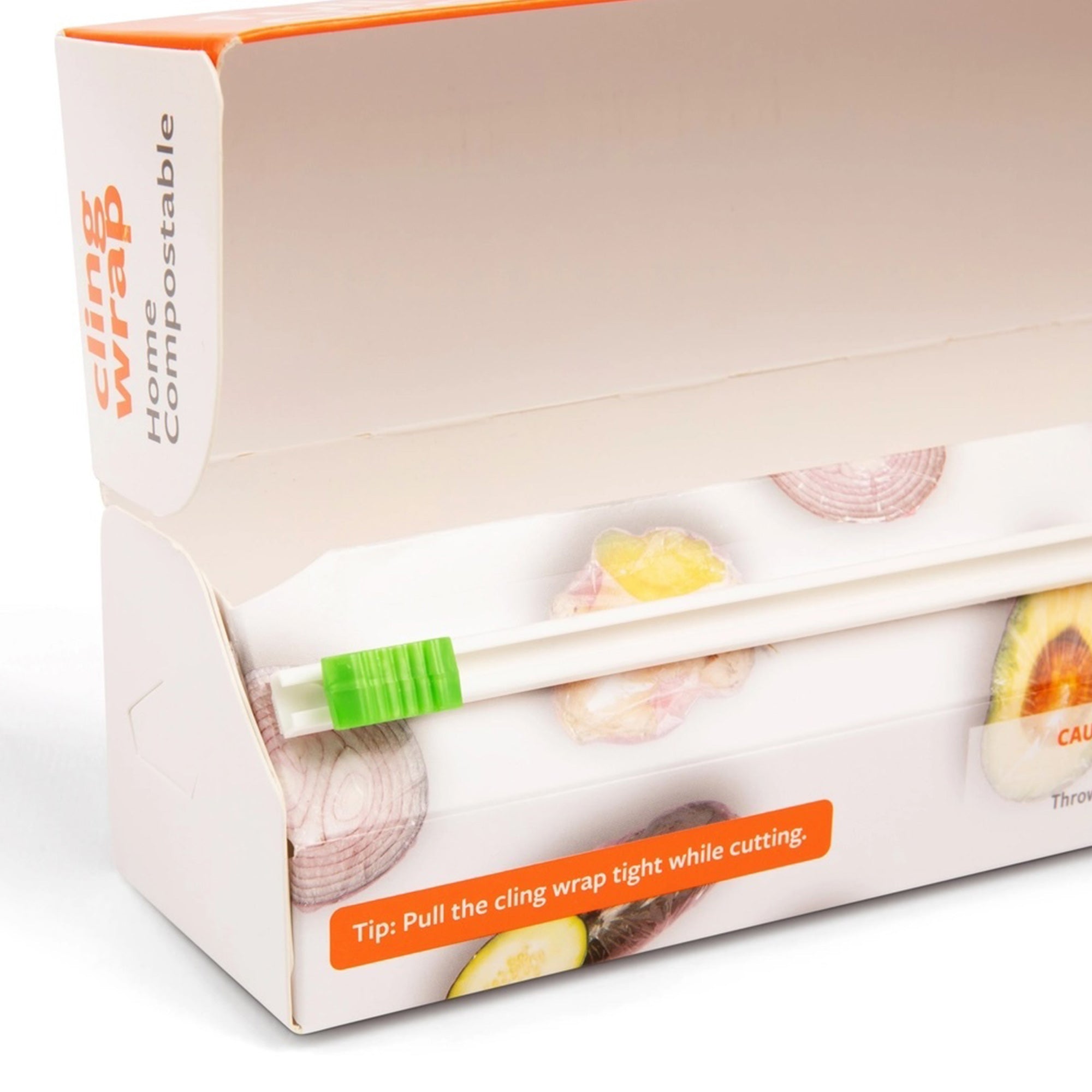 An open box of compostable cling wrap with a roll inside, highlighting its plant-based, plastic-free material and user-friendly packaging.