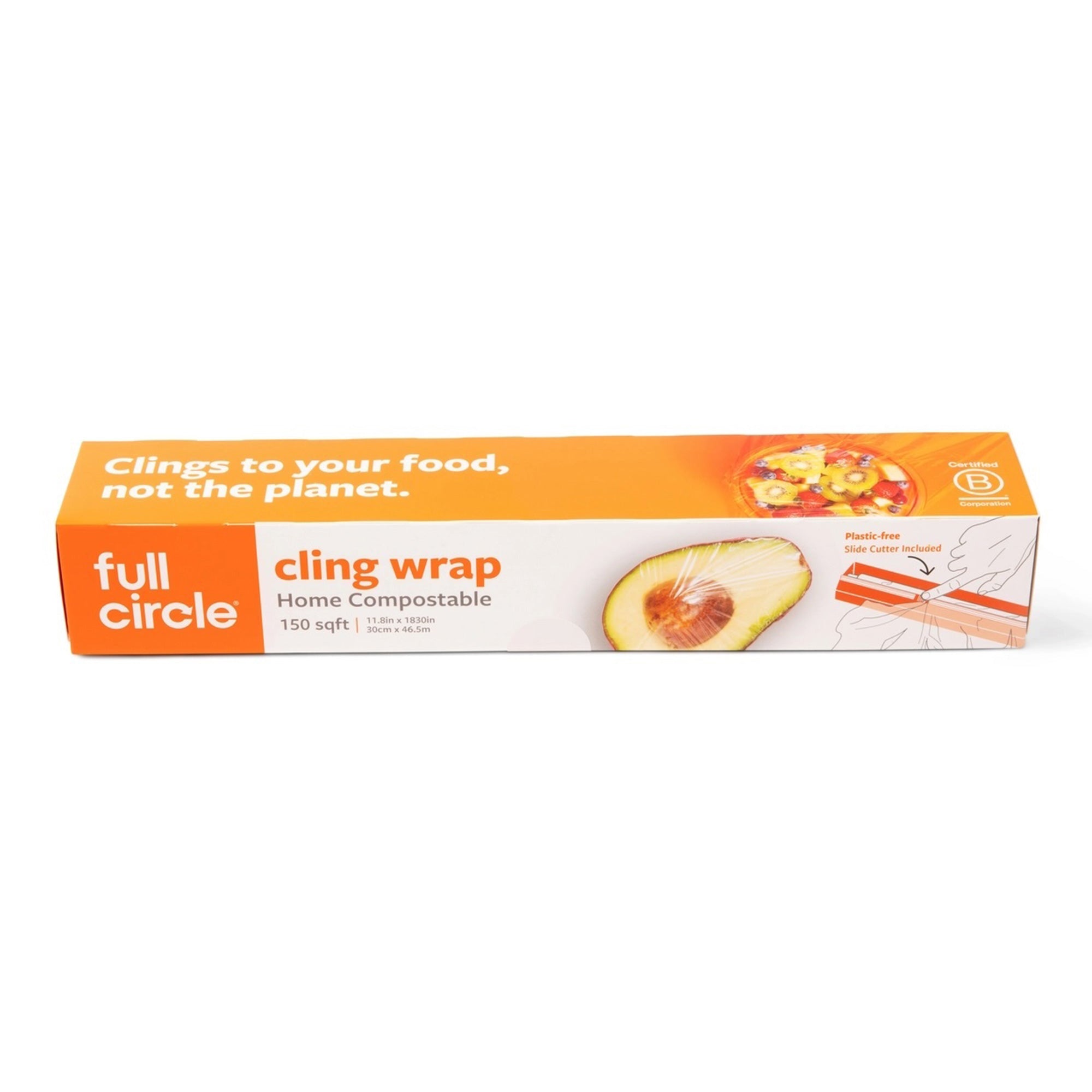 A straight-on view of compostable cling wrap in its recyclable box, showcasing the product's clean, sustainable branding and eco-conscious purpose.