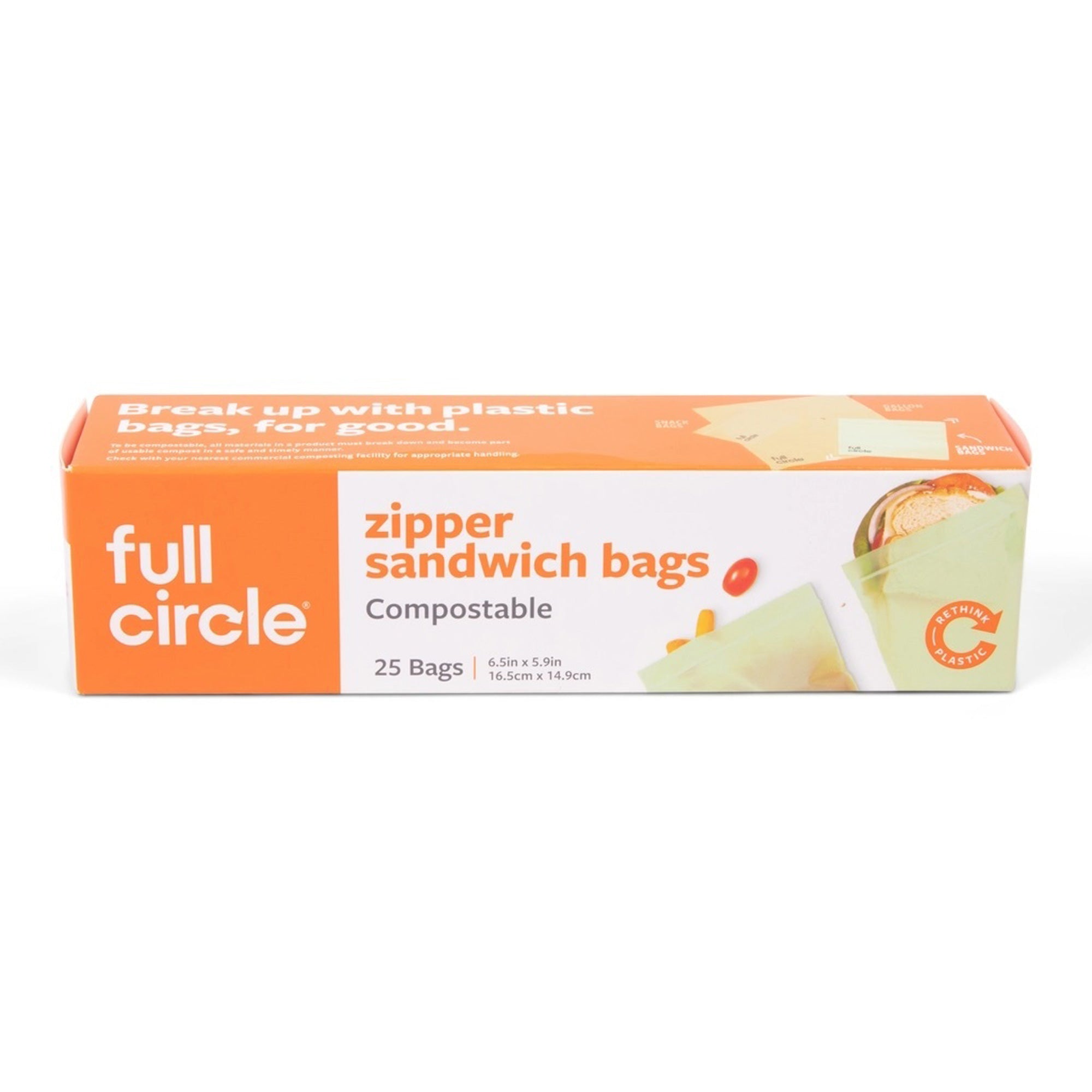 A box of compostable zipper sandwich bags, with two plant-based bags displayed in front. The packaging highlights that the bags are made from plants and offer a sustainable, leak-resistant alternative to plastic.