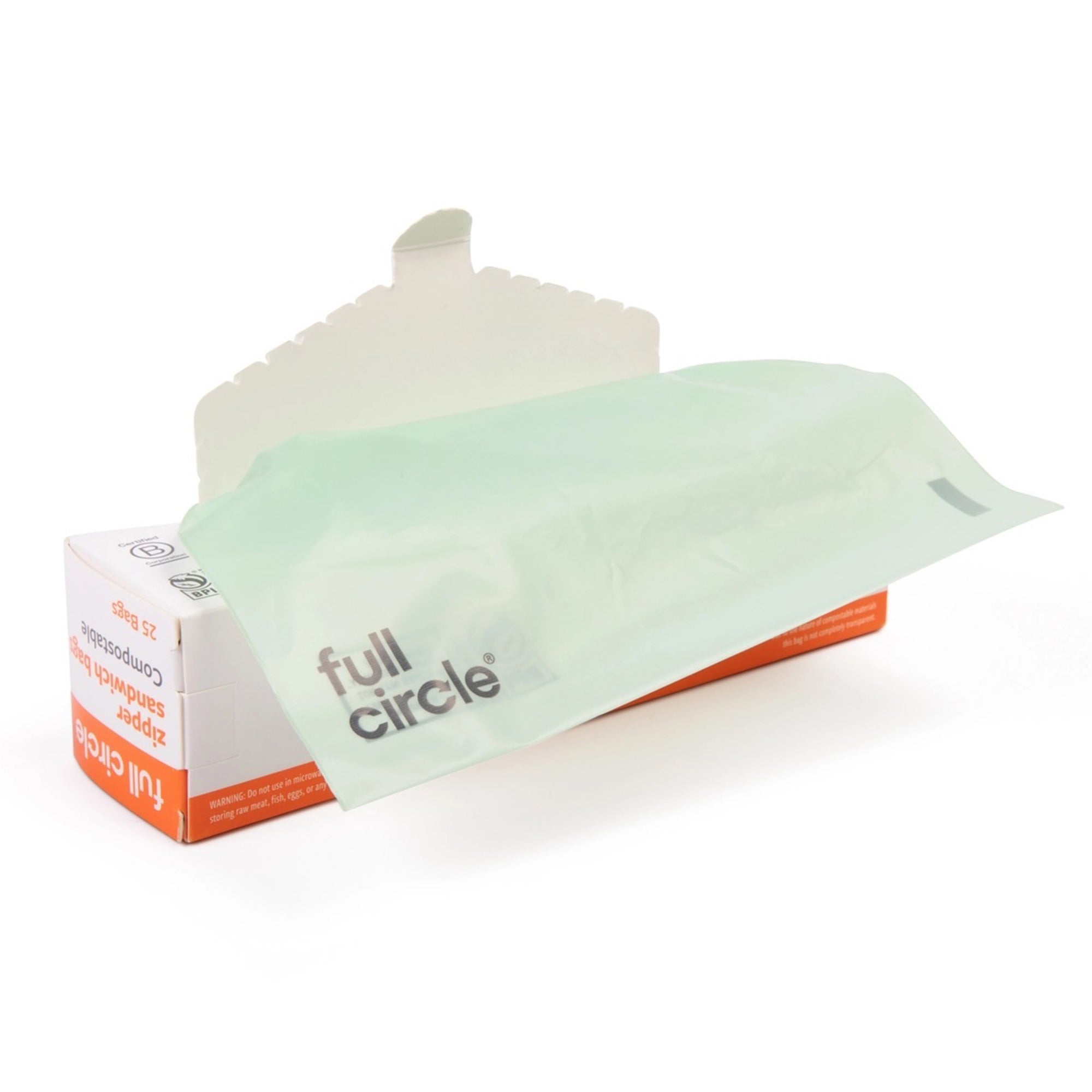 An open box of compostable zipper sandwich bags showing several bags neatly stacked inside. The box emphasizes their eco-friendly, plant-based composition and compostable design.